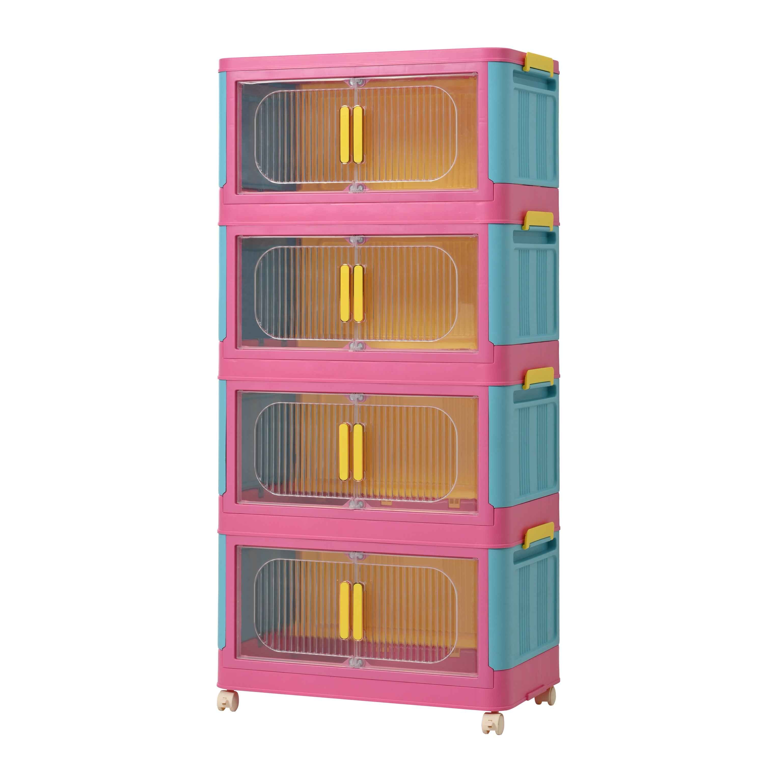 Happy Color, 20' Side Wide Folding Storage Cabinet ,4 Tiers,19.69'×11.81'×40.55',Collapsible Storage Bins with Magnetic Door, Plastic Storage Cabinet with Wheels