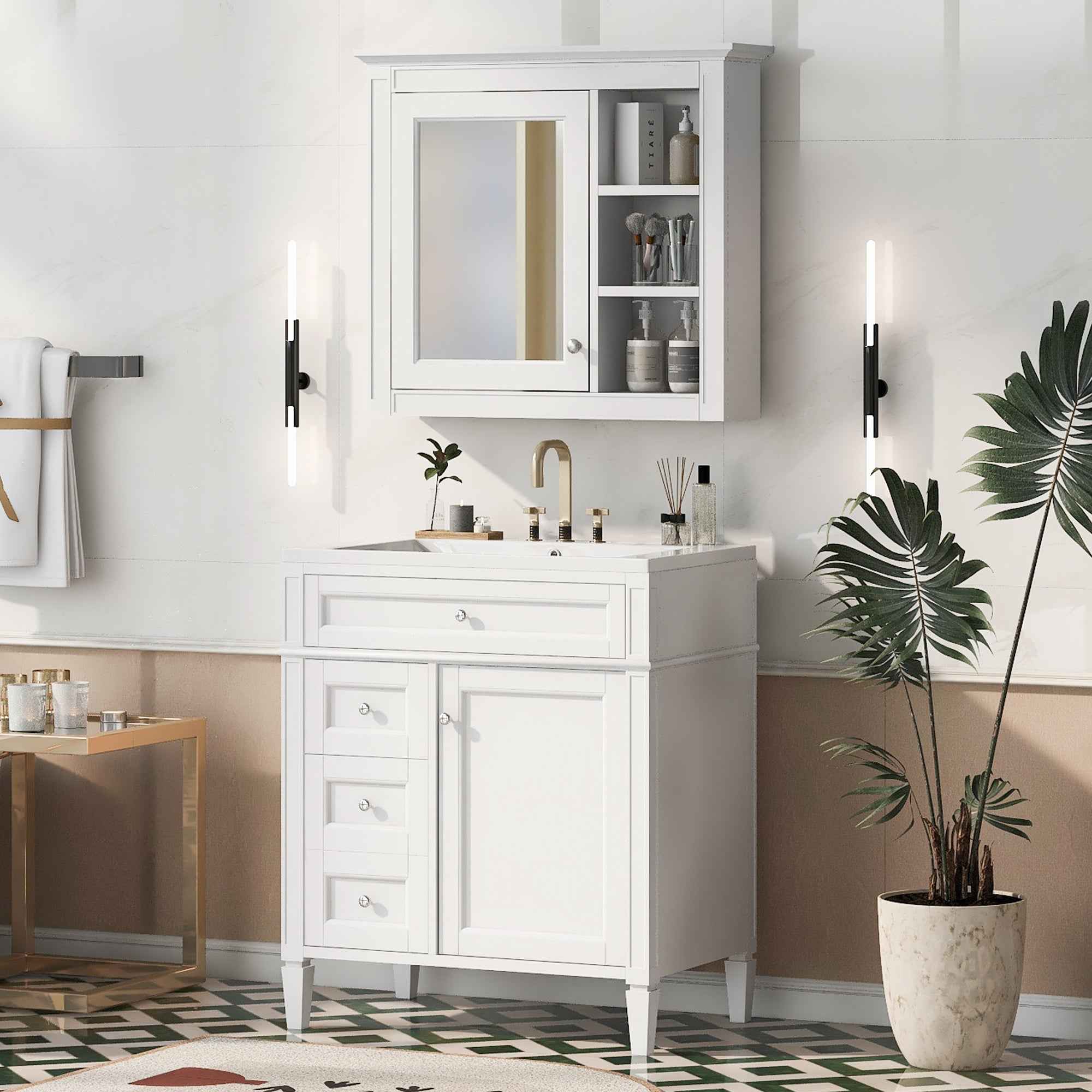 Modern 30'' Bathroom Vanity with Top Sink, White Freestanding Storage Cabinet with 2 Drawers and Tip-out Drawer, Mirror Cabinet Combo, Solid Wood + MDF Frame, Ceramic Undermount Sink