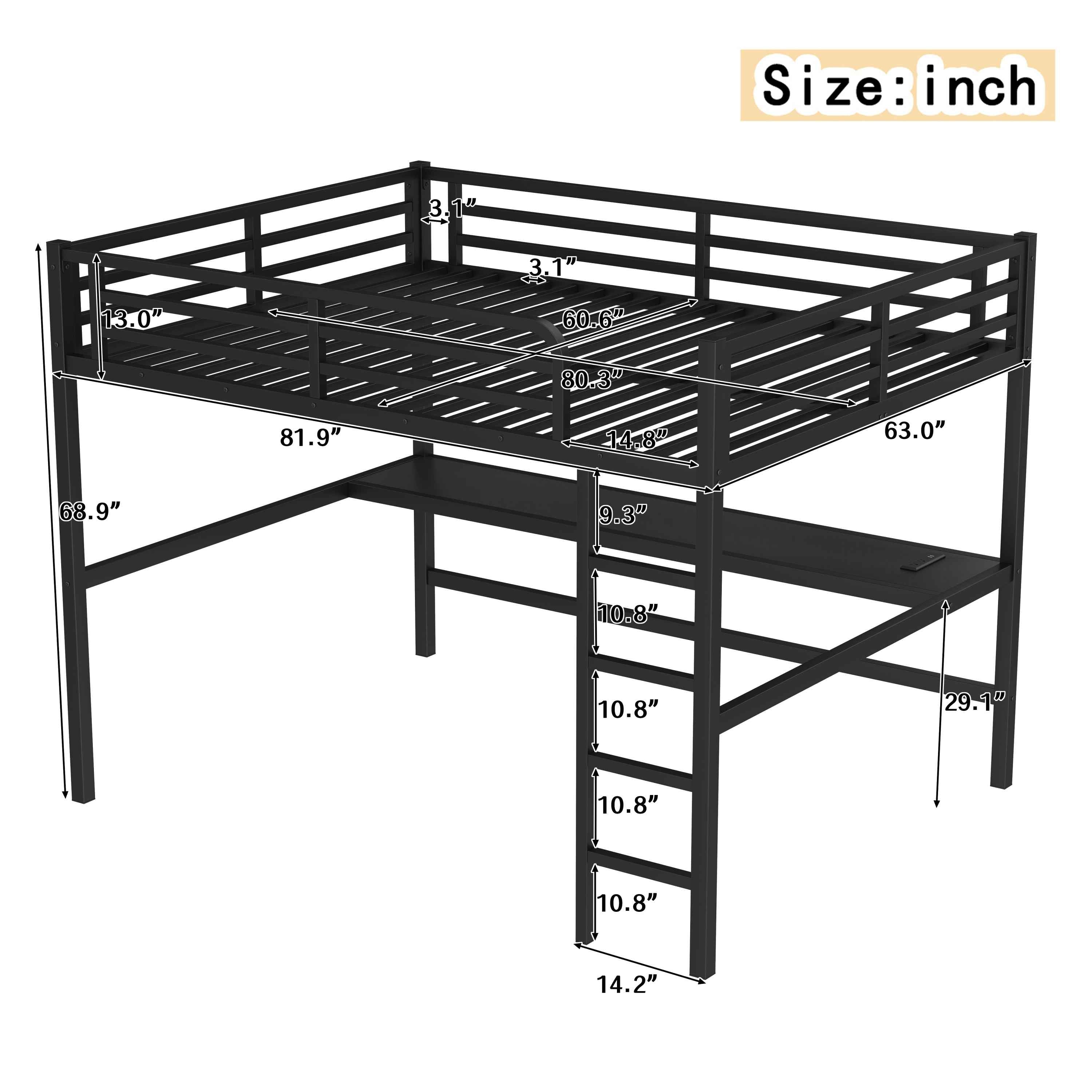 Metal Queen Size Loft Bed with Power Outlet and LED Lighted, Space-Saving, Noise Reduced, Black