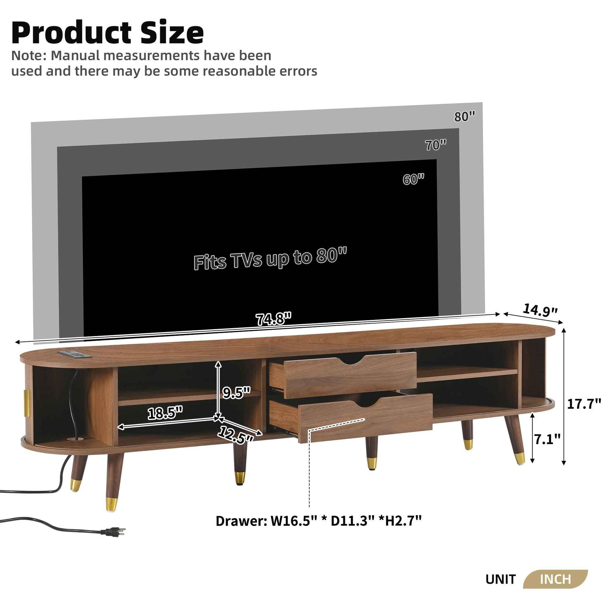 [Assembly Video]Wooden Oval Fluted TV Stand with Charging Station for TV up to 80', Mid-Century Media Console with Sliding Tambour Door, Farmhouse TV Cabinet with Golden Handle for Living Room, Walnut