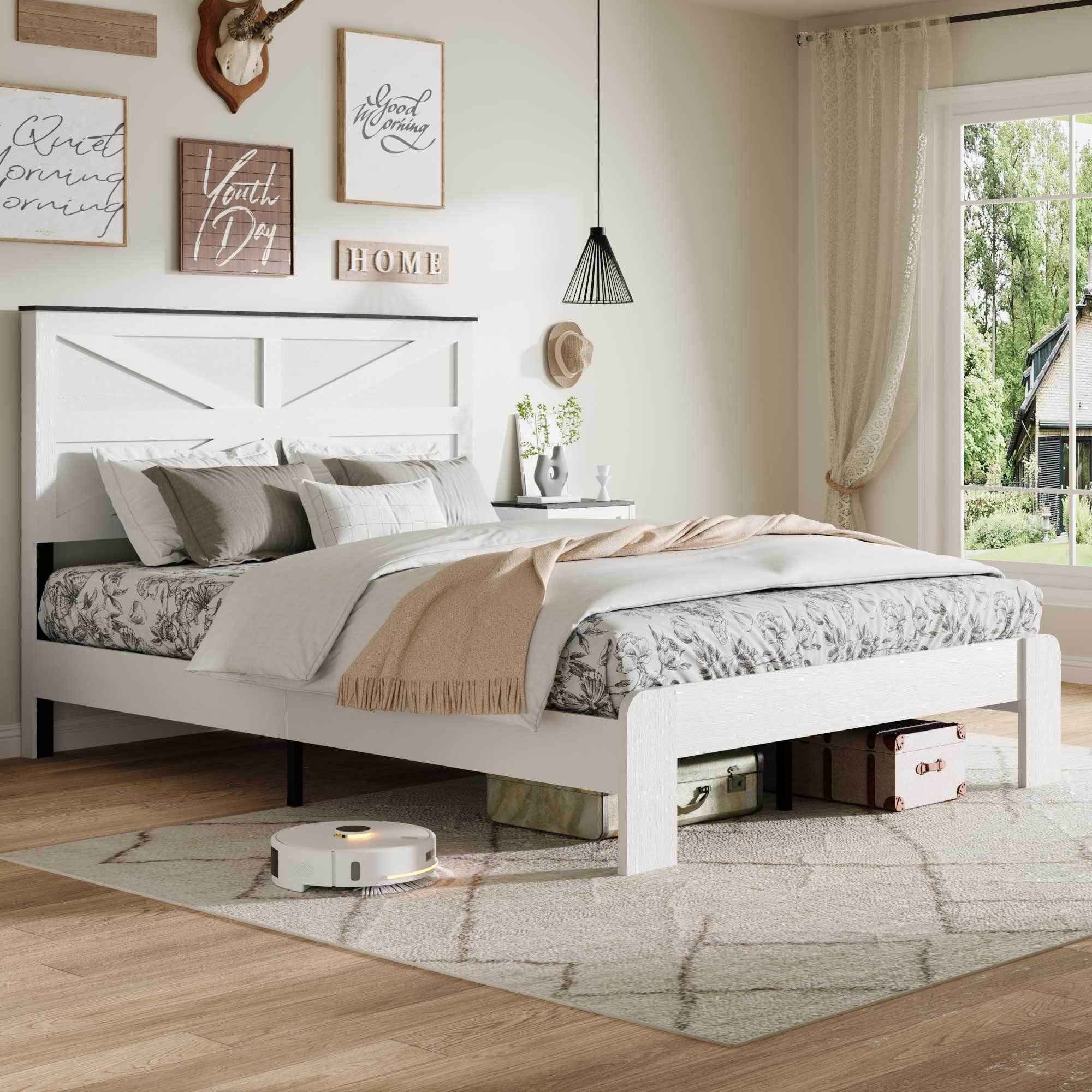 King Bed Frame Headboard , Wood Platform Bed Frame , Noise Free,No Box Spring Needed and Easy Assembly Tool,Large Under Bed Storage,White