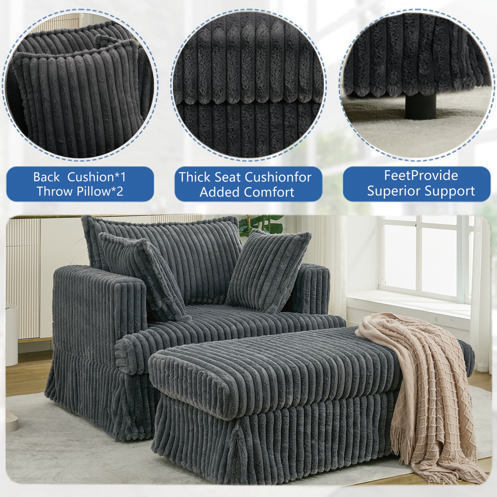 [NEW ARRIVED] 47.7'' Oversized Corduroy Chaise Longue with Ottoman,  Deep Seat  Reclining Chair Sofa, Comfy Thicked Upholstered Pad Chair ,with Foot Stool ,OVERSIZE, Movable Ottoman, Dark Gray
