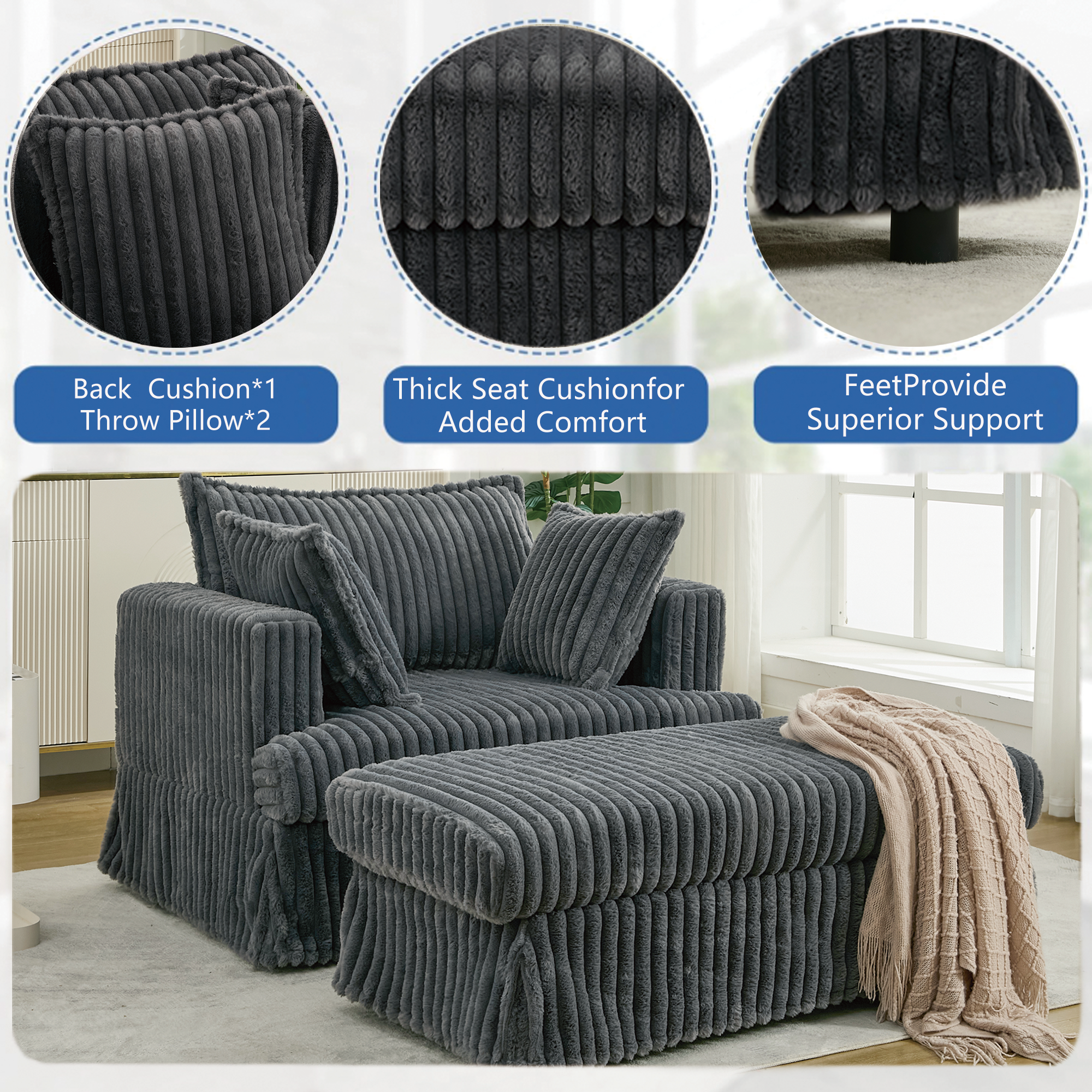 [NEW ARRIVED] 47.7'' Oversized Corduroy Chaise Longue with Ottoman,  Deep Seat  Reclining Chair Sofa, Comfy Thicked Upholstered Pad Chair ,with Foot Stool ,OVERSIZE, Movable Ottoman, Dark Gray