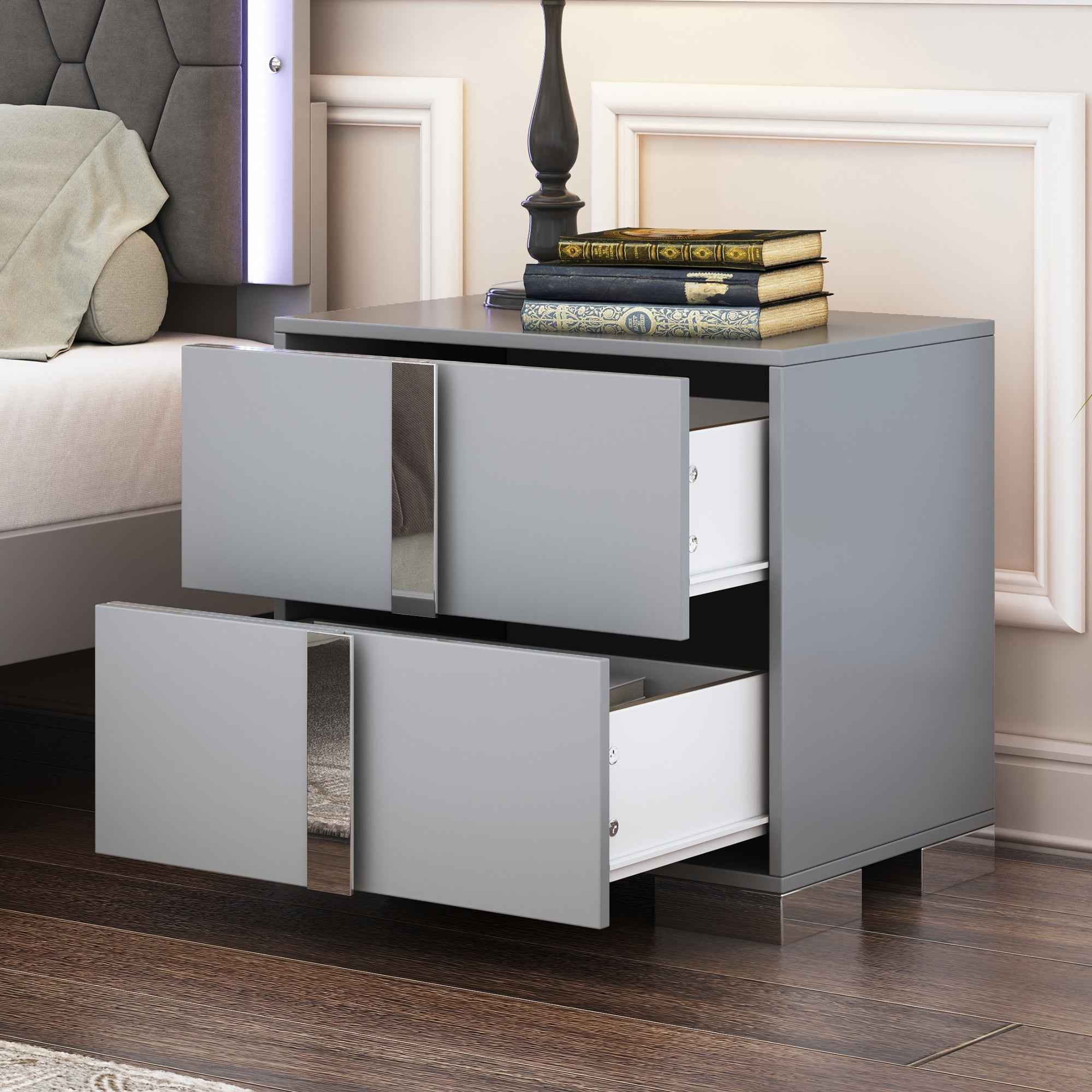 Elegant Nightstand with Metal Foot, Mirrored Bedside Table with 2 Drawers for Bedroom, Living Room, Gray (Old SKU: WF319353AAE)