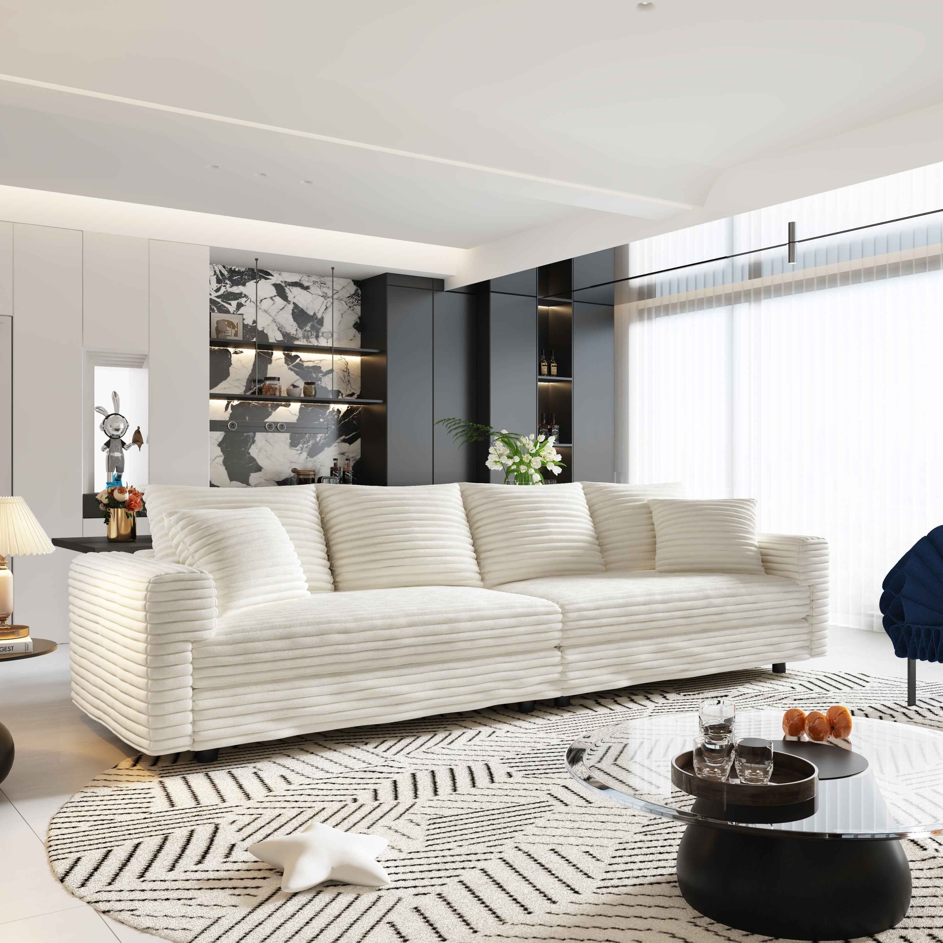 102.4 ' Plush Corduroy 4-Seat Sofa,Modern Comfy Upholstered Sofa Cloud Couch,Deep Seat Couches with Soft Pillows,Convertible Deep Seat Sofa Lounge Chair for Living Room Bedroom,Apartment,Office,Beige