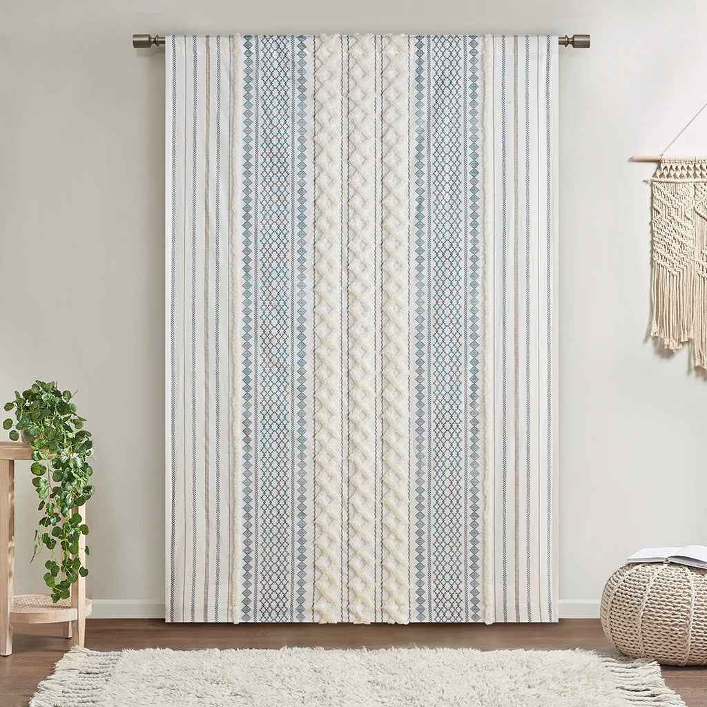 Cotton Printed Curtain Panel with Chenille Stripe and Lining White/Navy 50x84'