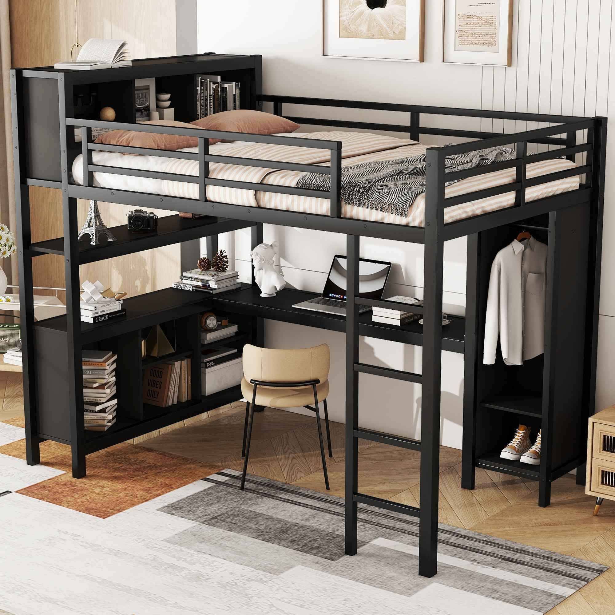 Metal Loft Bed with Wardrobe And L-shaped Desk, Full Size Loft Bed with Storage Cubes and Shelves, Heavy Duty Loft Bed for Kids Teens Adults, Black
