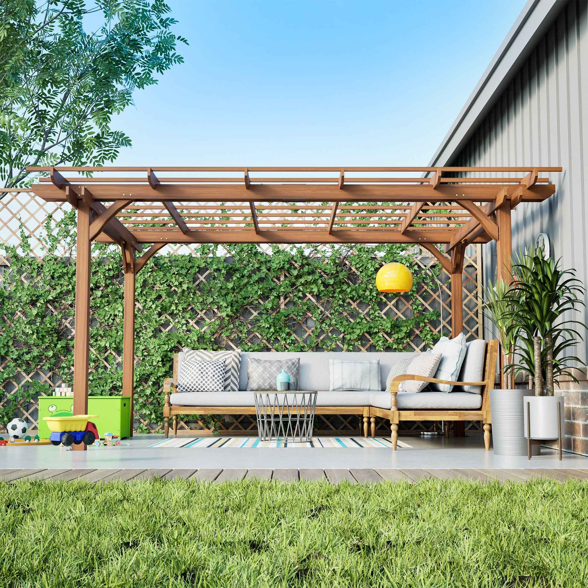 12 x 10 FT Outdoor Wood Pergola, Wooden Grape Pergola for Climbing Plant Support for Garden, Patio, Backyard, Deck, Brown
