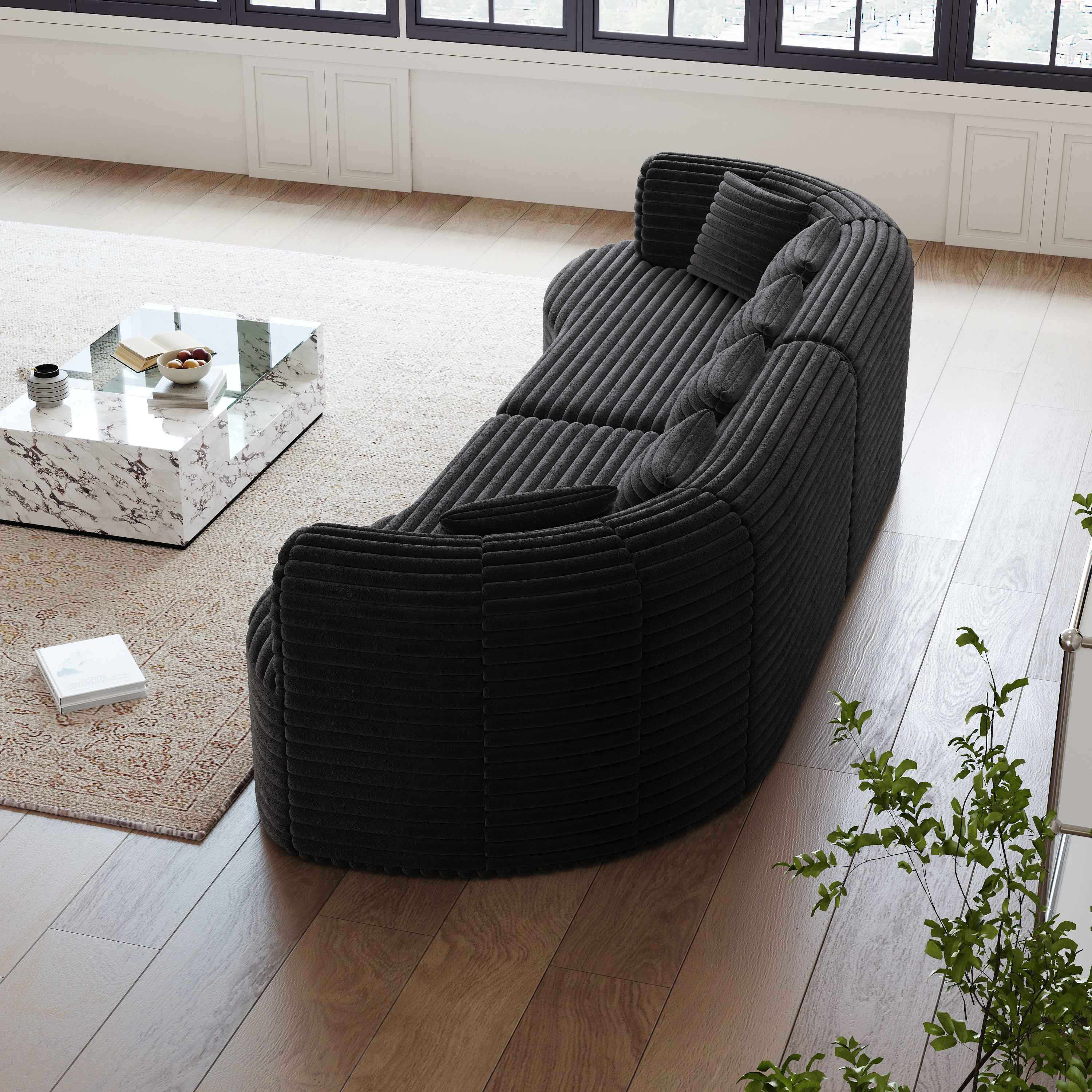 Curved Sectional Sofa, 106.3-inch Oversized Modern Bone-Free Cloud Sofa with 6 Pillows Luxury Corduroy Four-Seater Memory Foam Sofa with Deep Seat Design,black