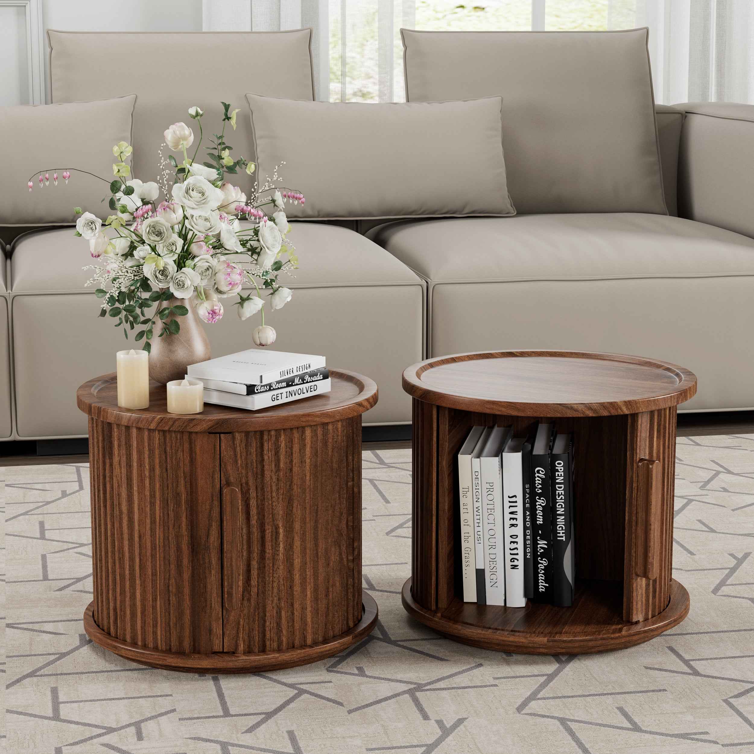 2-Piece Round Coffee Table Set, Modern Nesting Side Tables with Sliding Door Storage, Walnut Finish Sofa End Table & Bedside Nightstand for Living Room & Bedroom, Fluted Roman Column Design Accent Tab