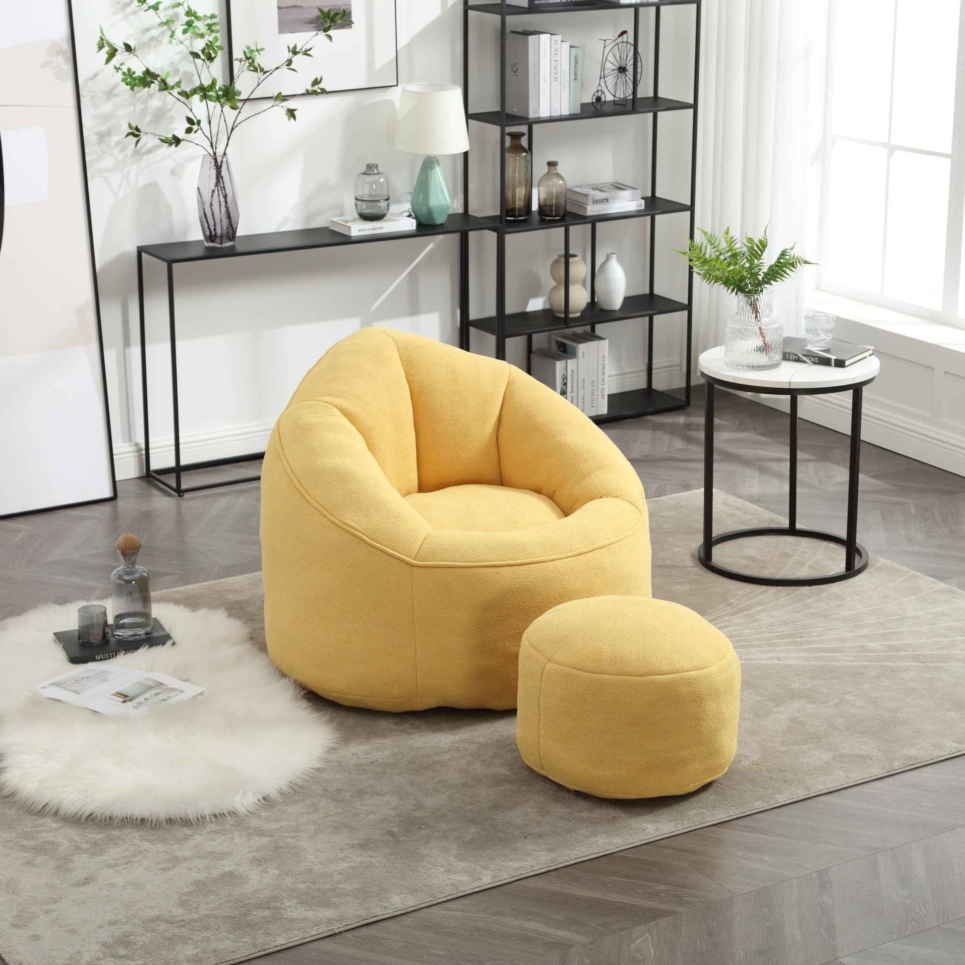 Bedding Bean Bag Sofa Chair with High-Pressure Foam and Footrest, Yellow Microfiber