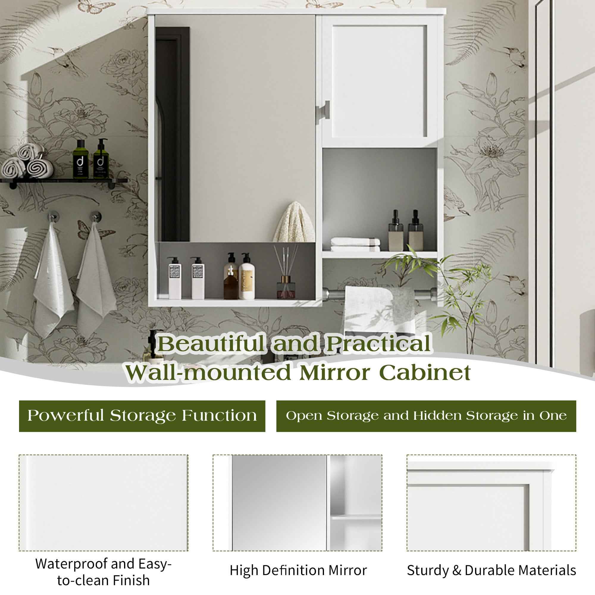 29'' x 28'' Modern Wall Mounted Bathroom Medicine Cabinet, Bathroom Wall Storage Cabinet with Mirror, Over the Toilet Space Saver Cabinet with Towels Bar