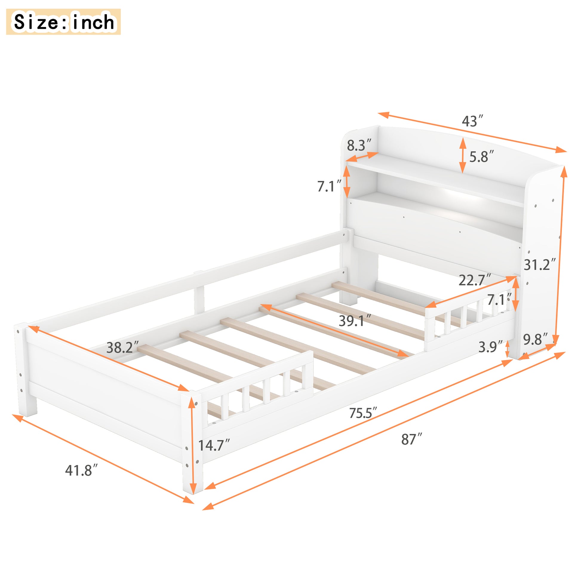 Wood Twin Size Platform Bed with Built-in LED Light, Storage Headboard and Guardrail, White - Abrihome
