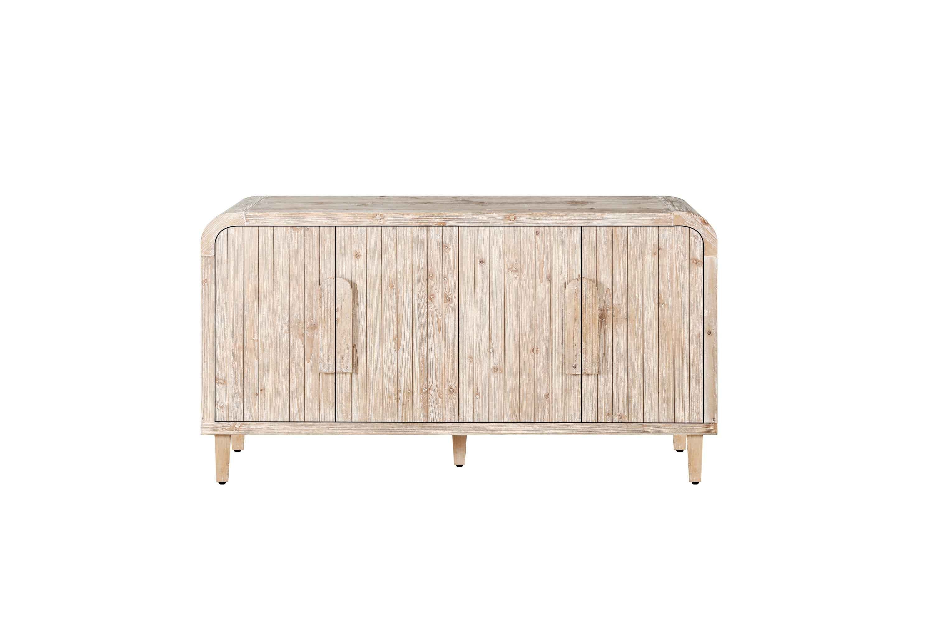59'' Farmhouse Curved Vintage Storage Sideboard with Large Wooden Handles, Vertical Wood Grain Carving and Adjustable Shelves for Kitchen,Dining Room (Natural Wood Washed)