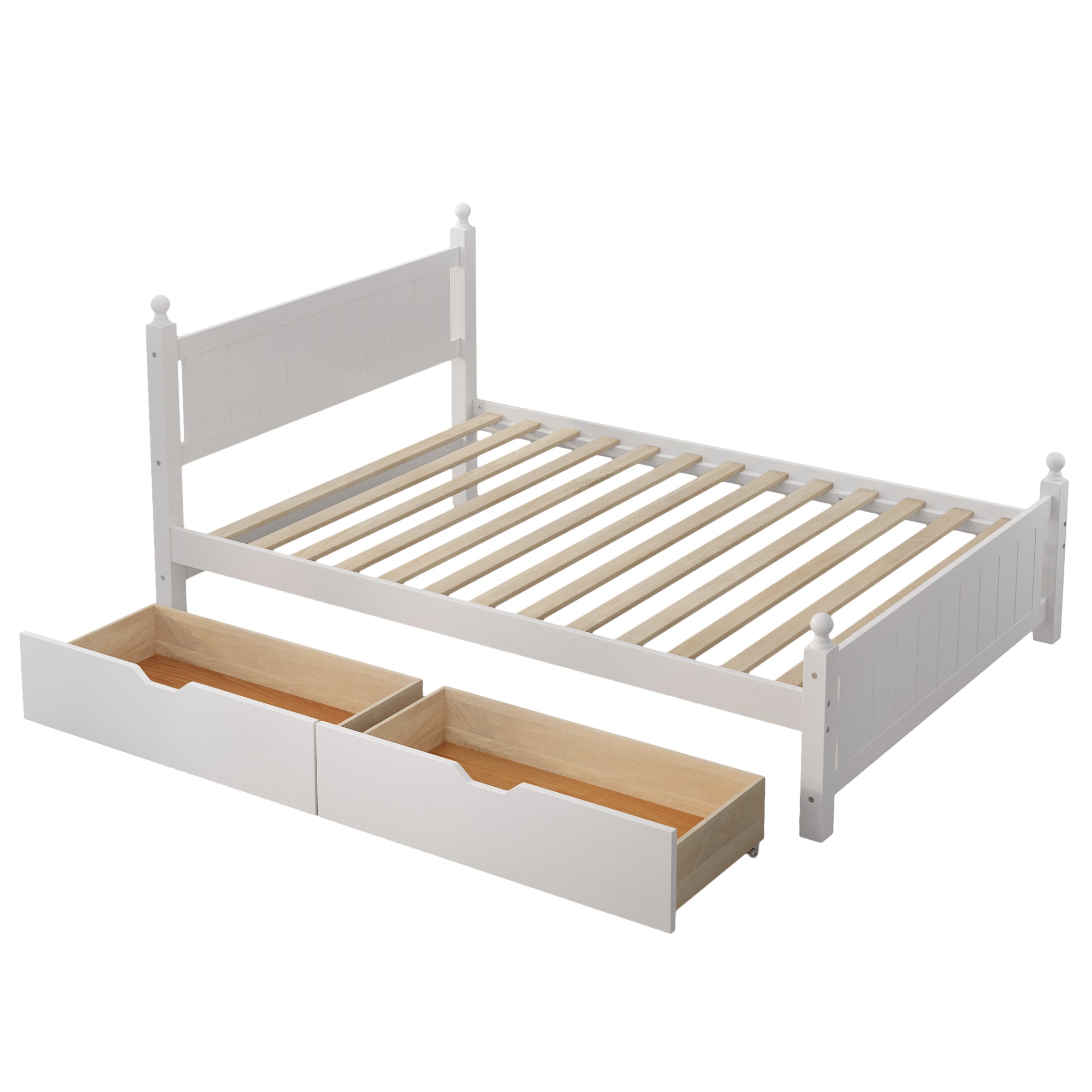 Full Size Solid Wood Platform Bed Frame with 2 drawers for Limited Space Kids, Teens, Adults, No Need Box Spring, White