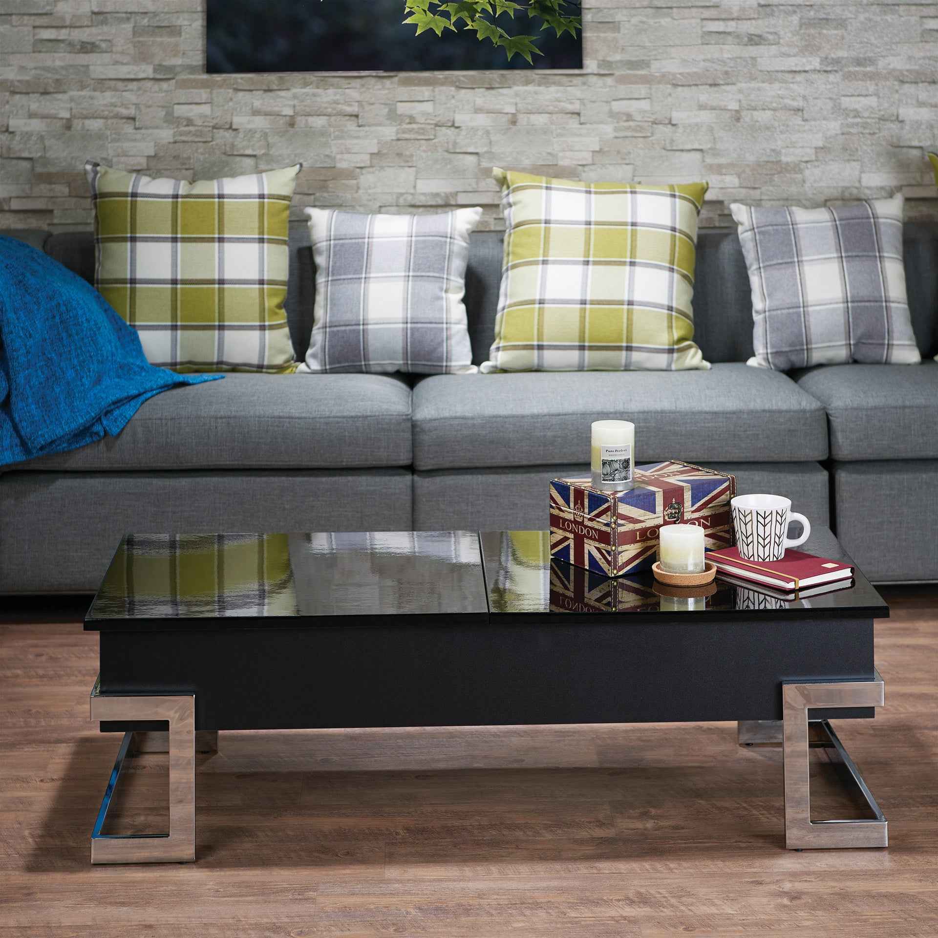 Calmam Black High Gloss & Chrome Finish Coffee Table with Lift Top and Hidden Storage