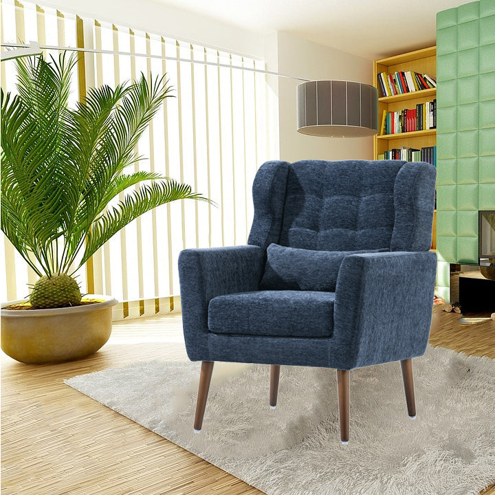 Modern Accent Chair,Chenille Arm Chairs for Living Room,Upholstered Mordern Armchair,Comfy Soft Padded Lounge Chair in Small Space, Bedroom, w/Pillow, Solid Wood Leg (Dark Blue)