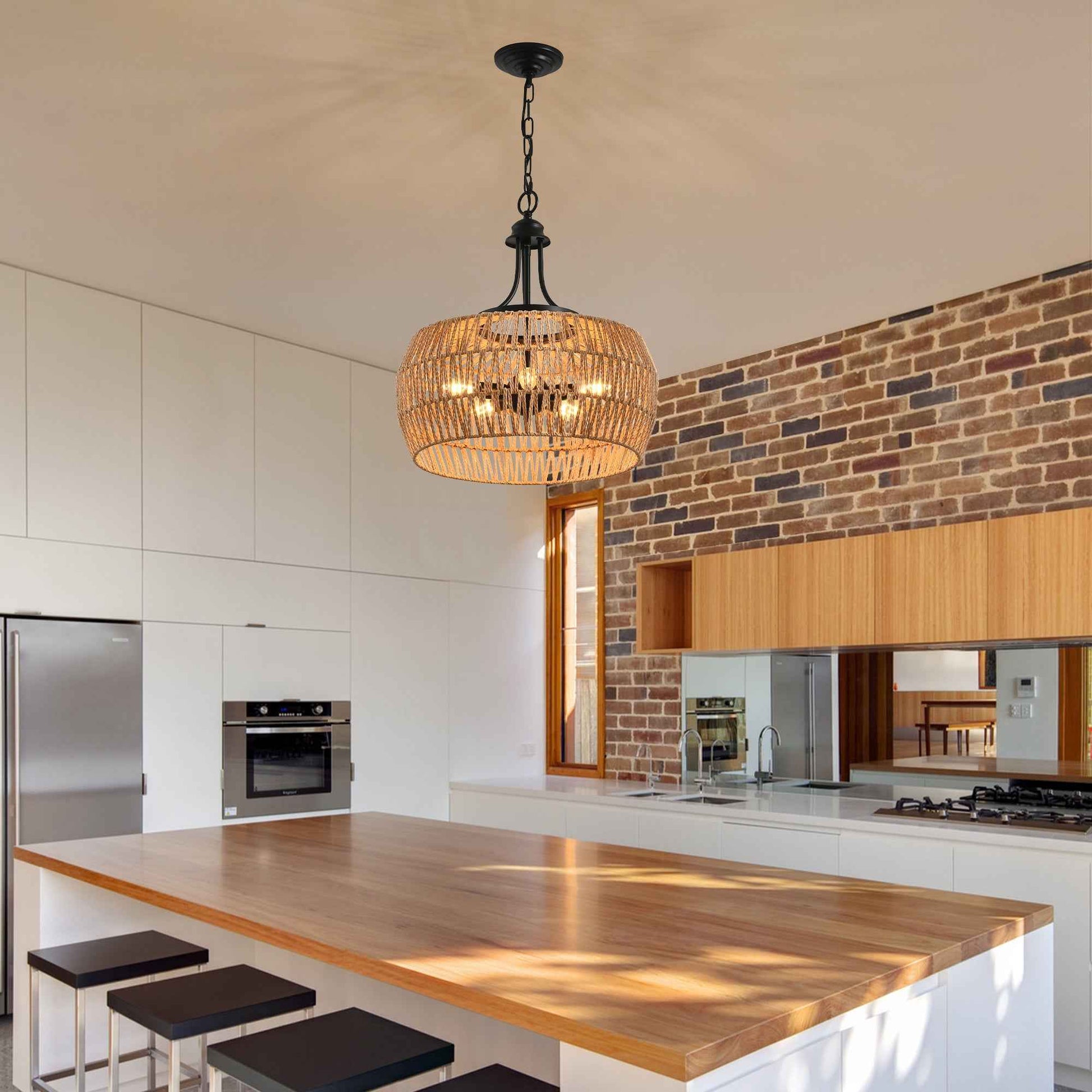 19' Boho Hemp Rope Pendant Light, Hand-Woven Jute Hanging Lamp with Adjustable Chain, Natural Rope Shade Ceiling Light Fixture for Kitchen Island, Dining Room, or Entryway (Bulb Not Included)