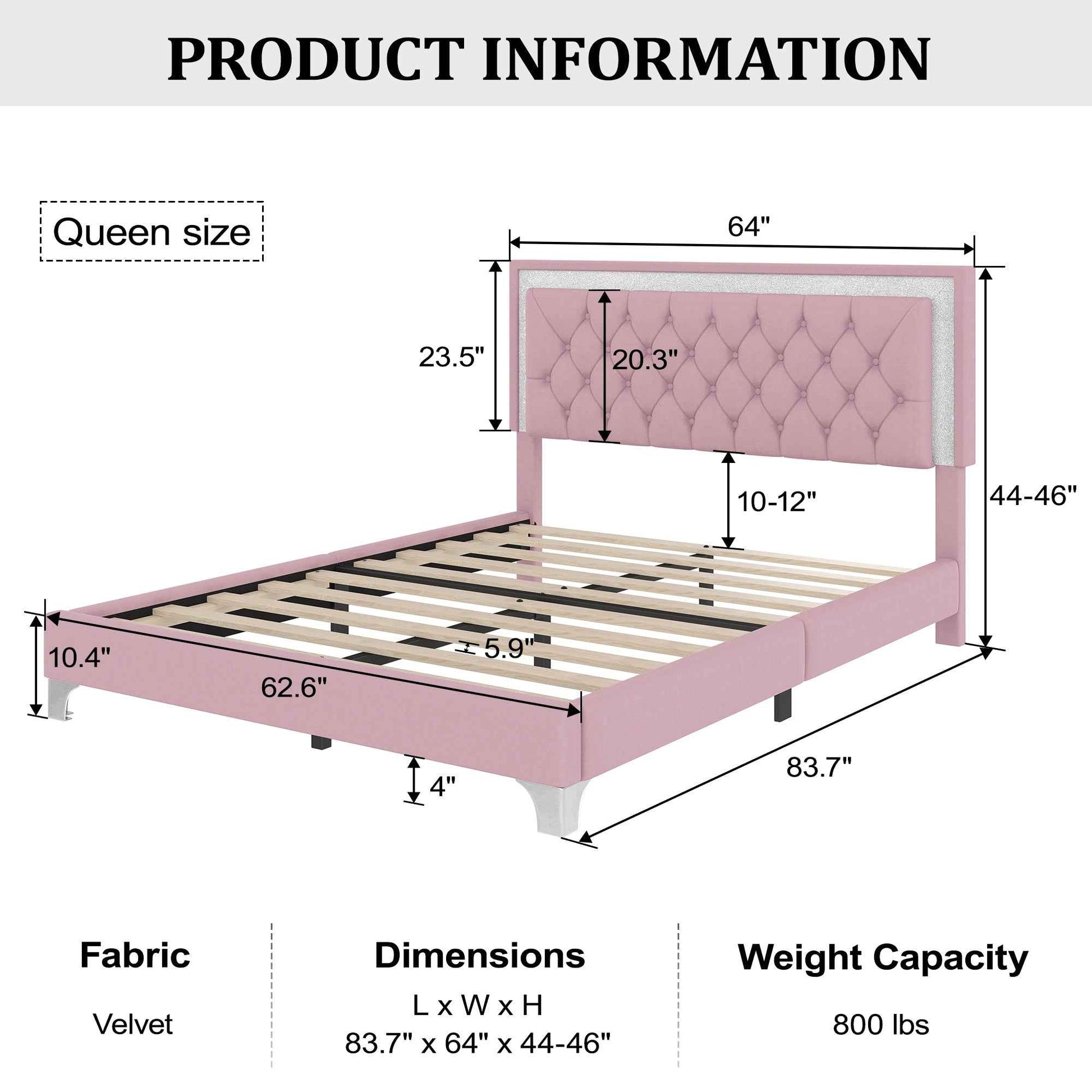 Queen Size Upholstered Bed Frame with LED Lights,Modern Velvet Platform Bed with Tufted Headboard,Pink