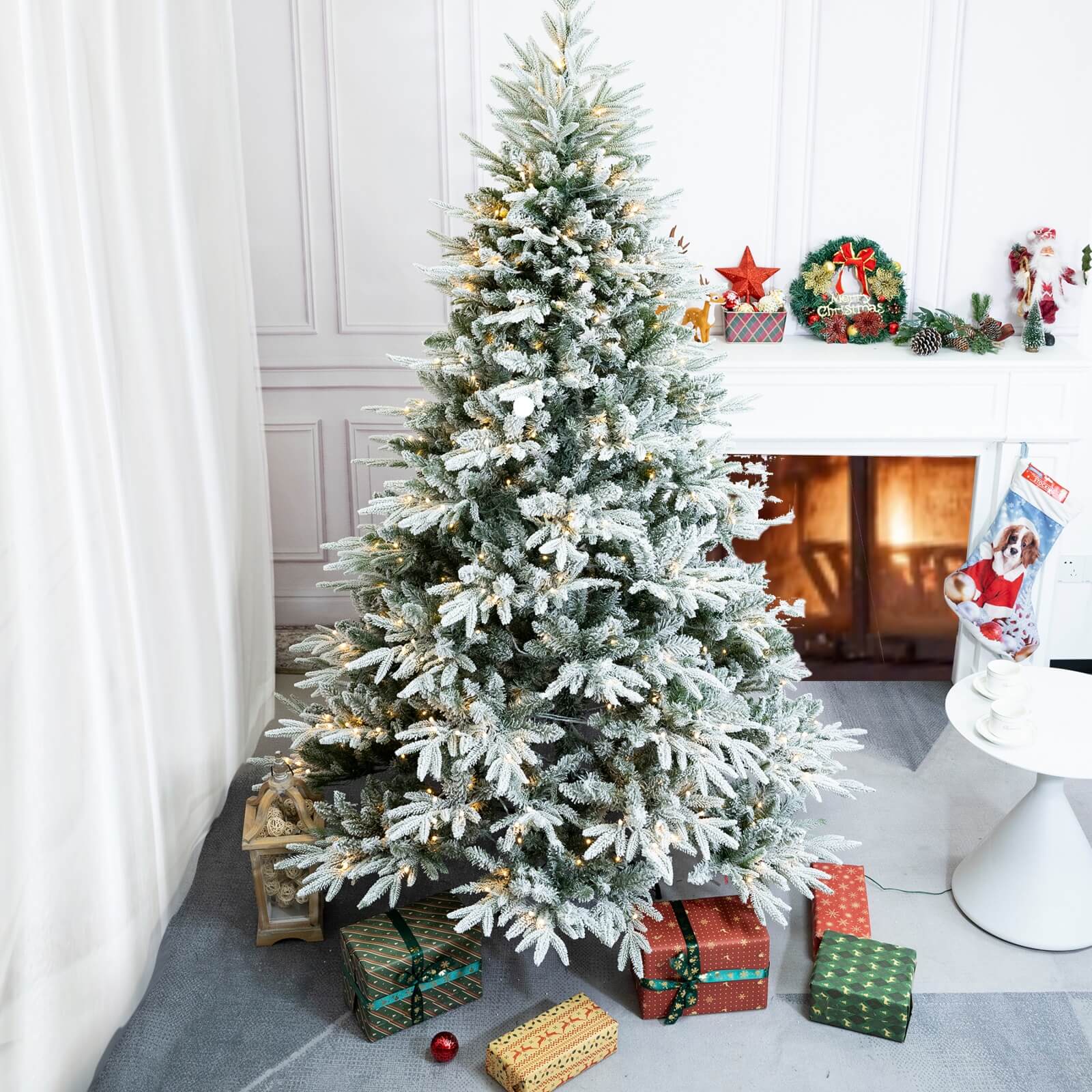 7FT Snow-Flocked Christmas Tree with Optional 500 LED Lights(PJT-2506-7FT) - Abrihome