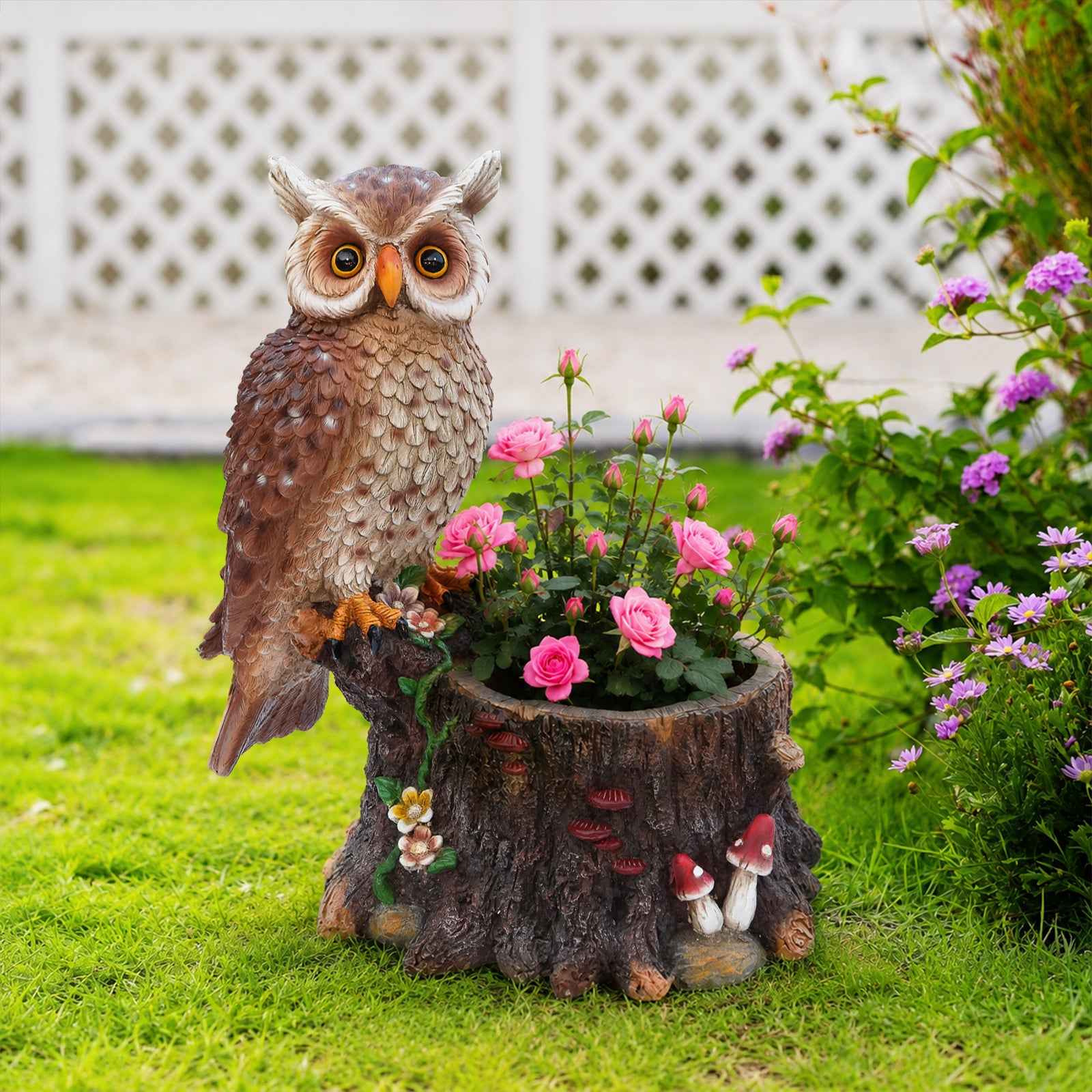 Sitting Owl with Tree Trunk Garden Planter - Rustic Polyresin Owl Figurine and Flower Pot Combo for Outdoor & Indoor Decor