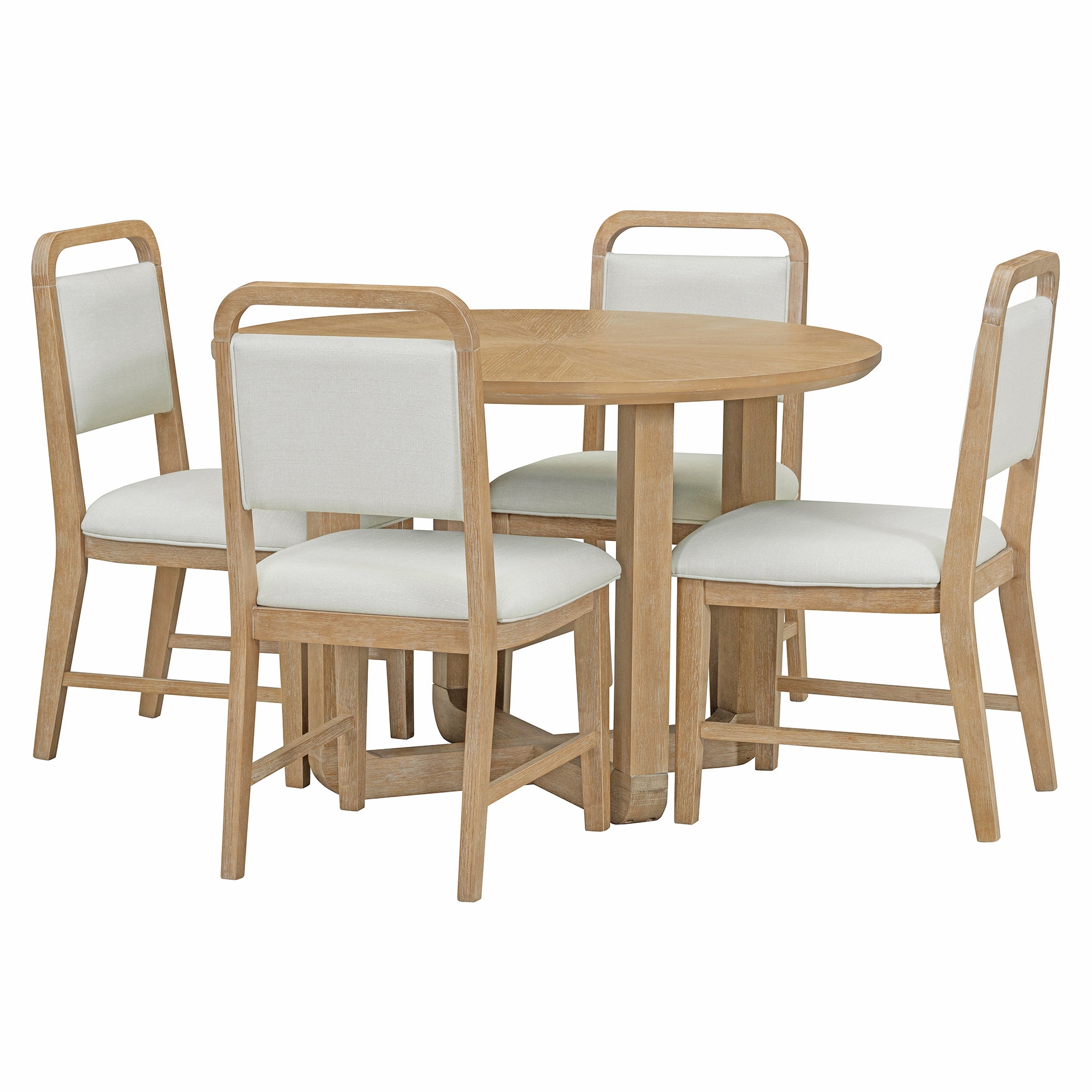 TREXM 5-Piece Retro Dining Set, Round Table Top with Radial Wood Grain Design and 4 Upholstered Chairs for Dining Room and Kitchen (Natural Wood Wash)