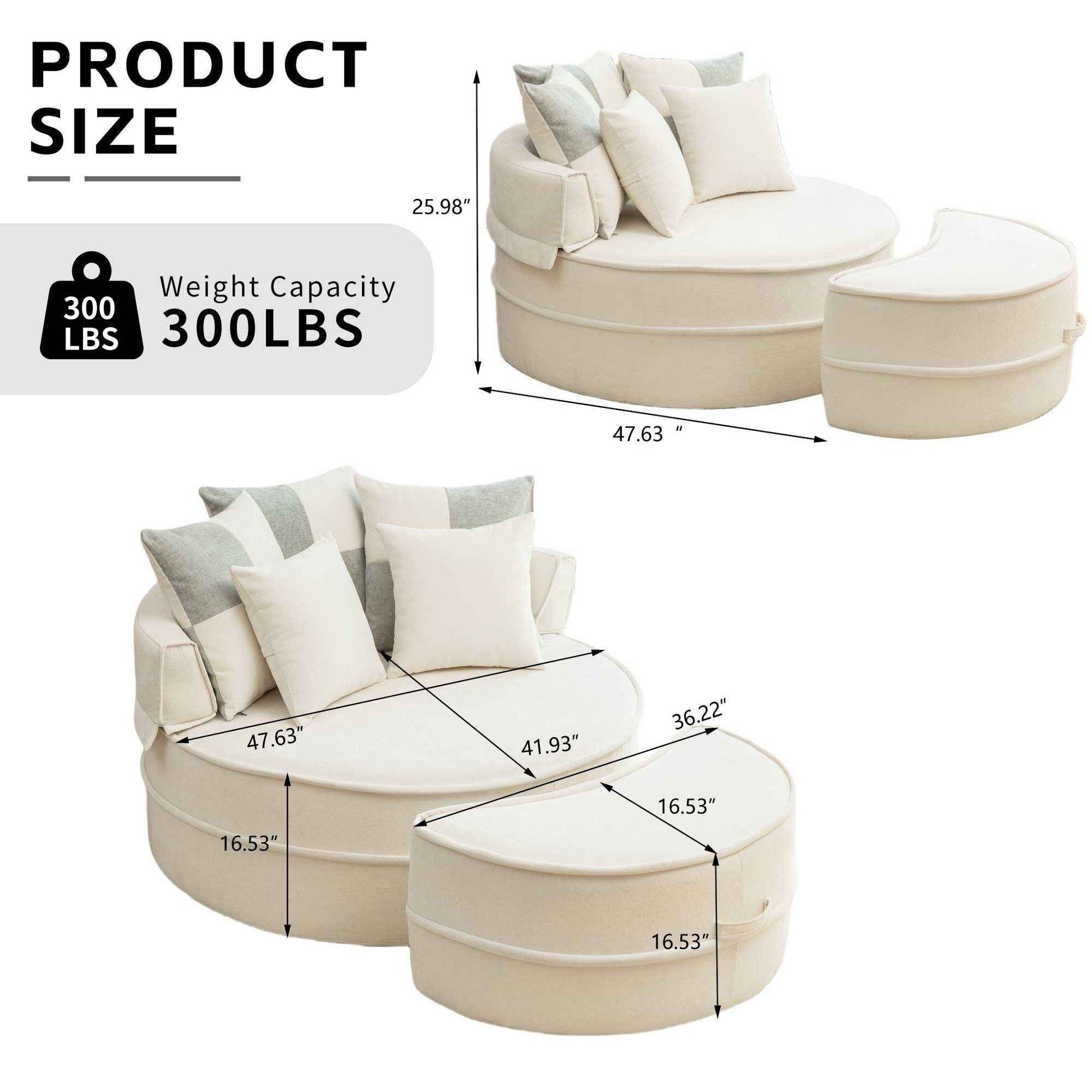Modern Oversized Beige Round Barrel Accent Chair with Ottoman - Velvet Upholstered Lounge Armchair with 5 Pillows for Living Room or Bedroom