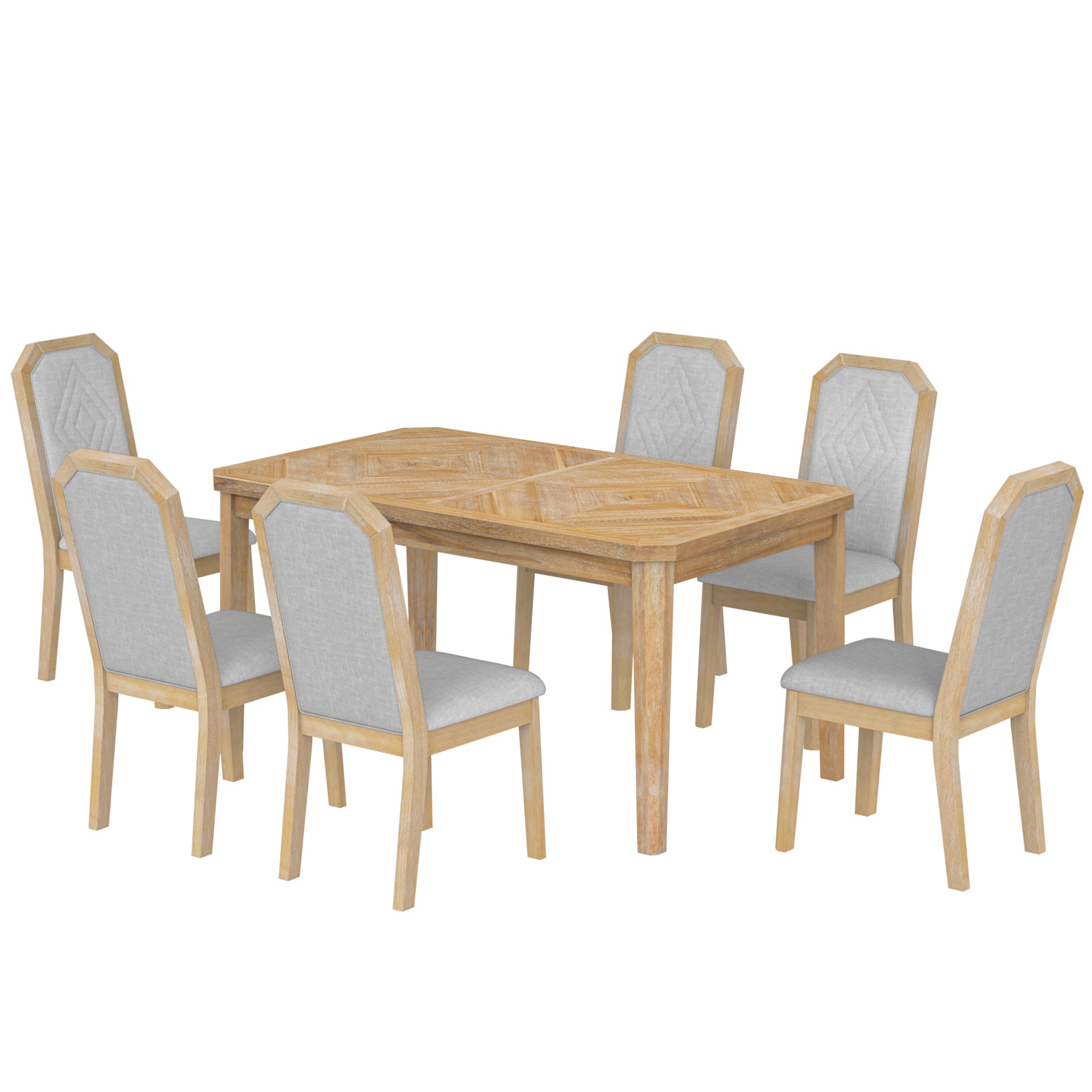 TREXM 7-Piece Farmhouse Dining Set Classic Rustic Table and 6 high-back design Chairs for Dining Room, Kitchen (Natural Wood Wash)