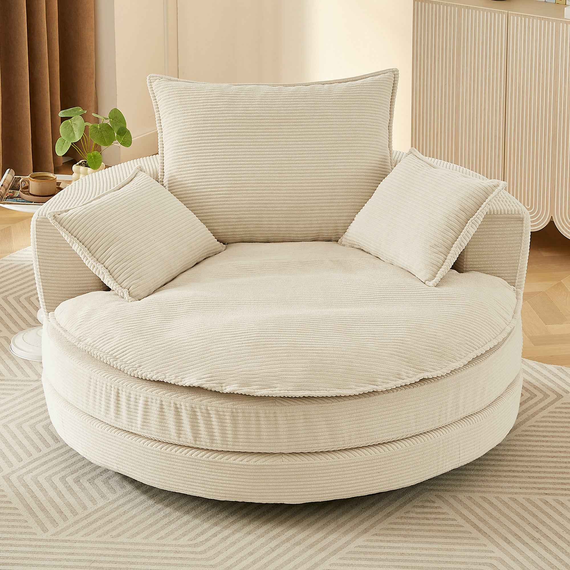 Accent Barrel Chair 360° Swivel Sofa Chair with Dual-layer Cushion and 3 Removable Pillows, Beige Corduroy, 57.5'