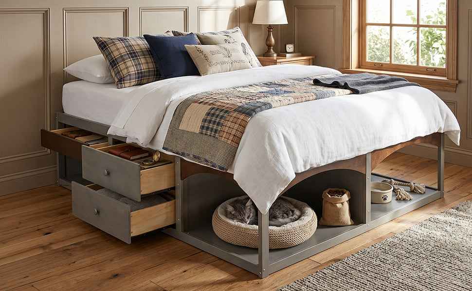 King Bed Frame with Storage Drawers, No Headboard Platform Bed, Pet-Friendly Design, No Box Spring Needed, Modern Minimalist Style-Antique Gray