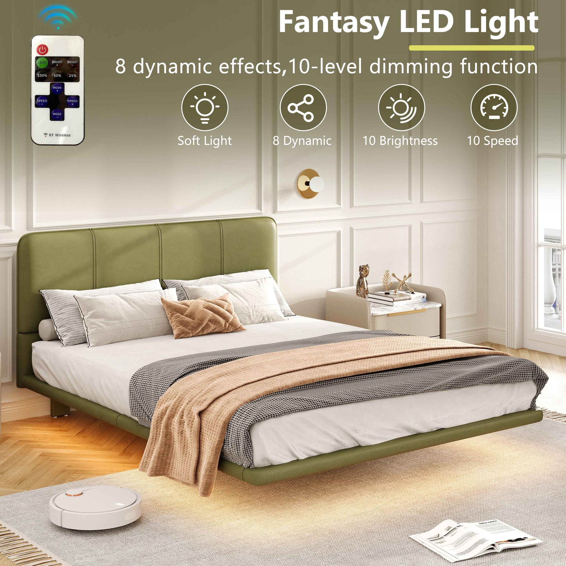 Floating Bed Frame with LED Light, Modern PU Leather Platform Bed, No Boxing Spring Needed, Assemble Easily, Full Size