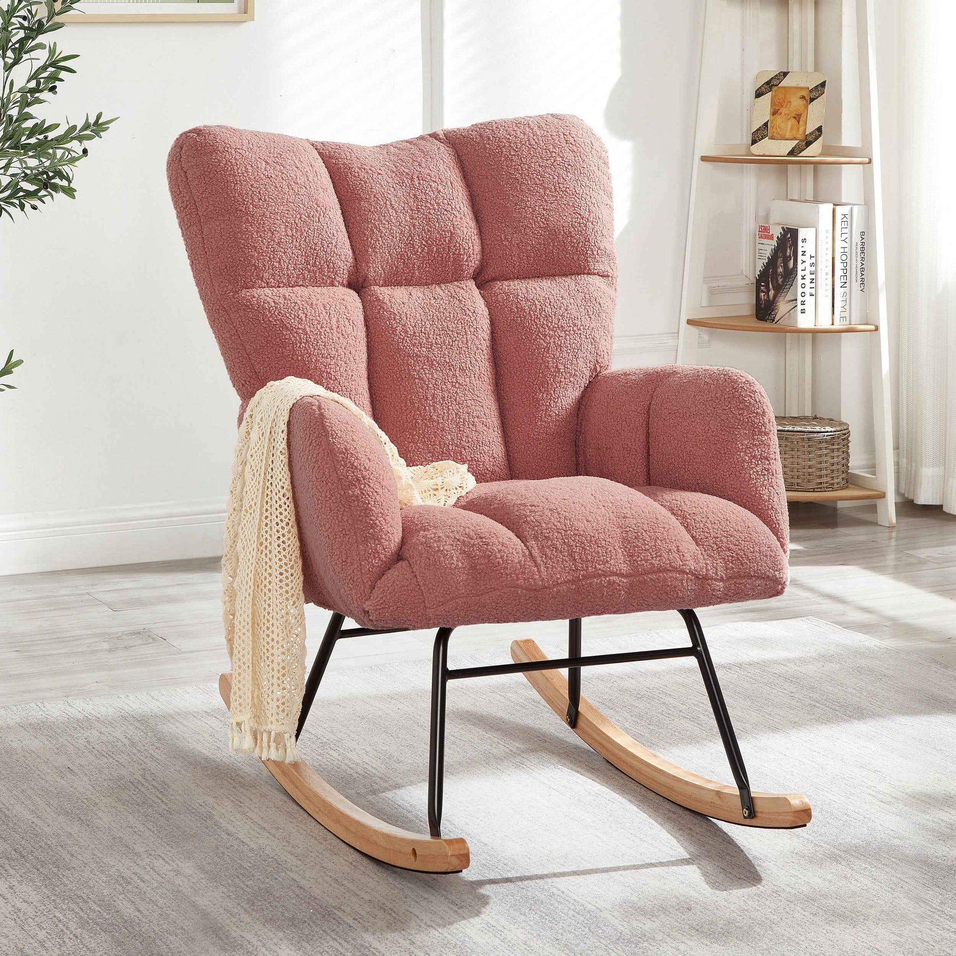 Glider Chair for Living Room Tufted Upholstered Teddy Fabric Rocking Chair with Metal Frame Accent Chair Pink