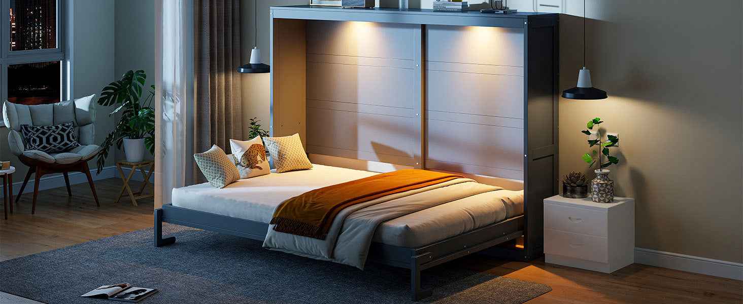 Queen Size Murphy Bed Wall Bed Modern design with LED Lights,Gray