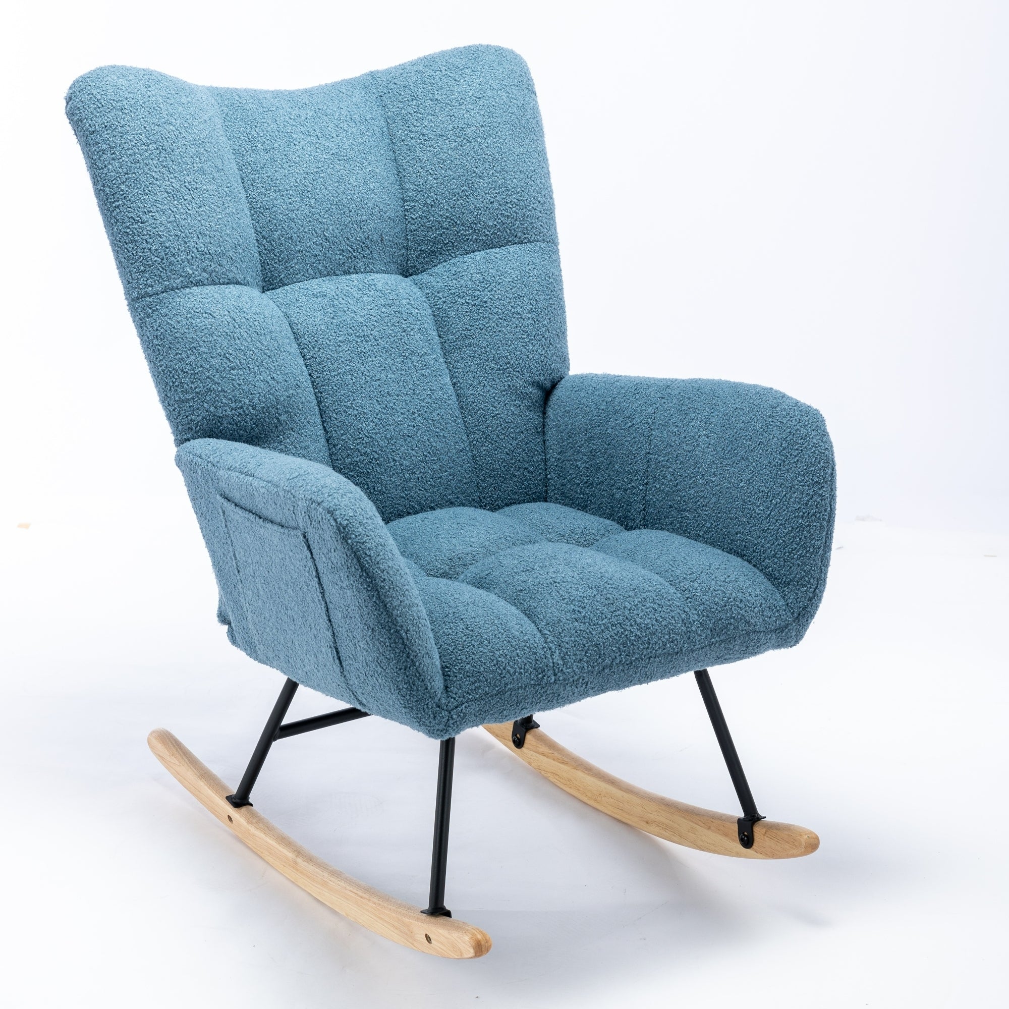 Rocking Chair with Pocket, Soft Teddy Fabric Rocking Chair for Nursery, Comfy Wingback Glider Rocker with Safe Solid Wood Base for Living Room Bedroom Balcony (blue)