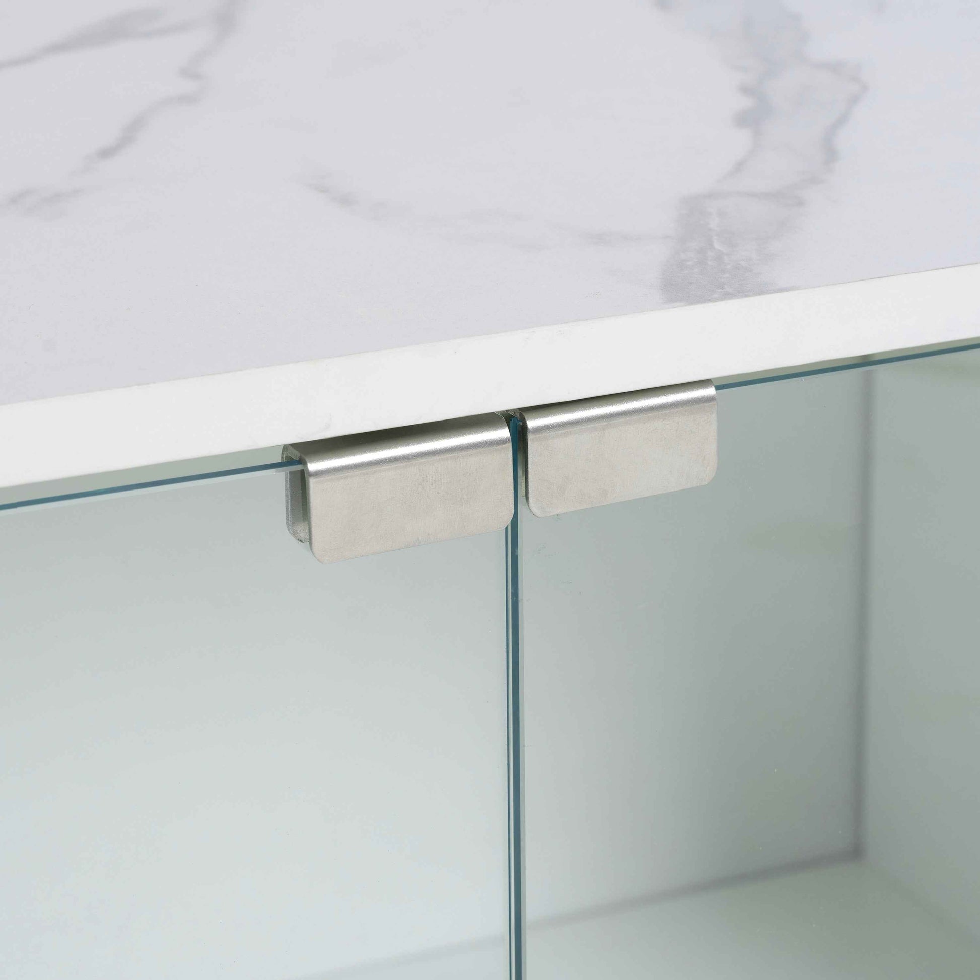 ON-TREND Modern APP Controlled LED TV Stand for TVs Up to 105'', Faux Marble Tabletop Media Console with Tempered Glass Doors, Entertainment Center with 2 Drawers & Cabinets for Living Room, White