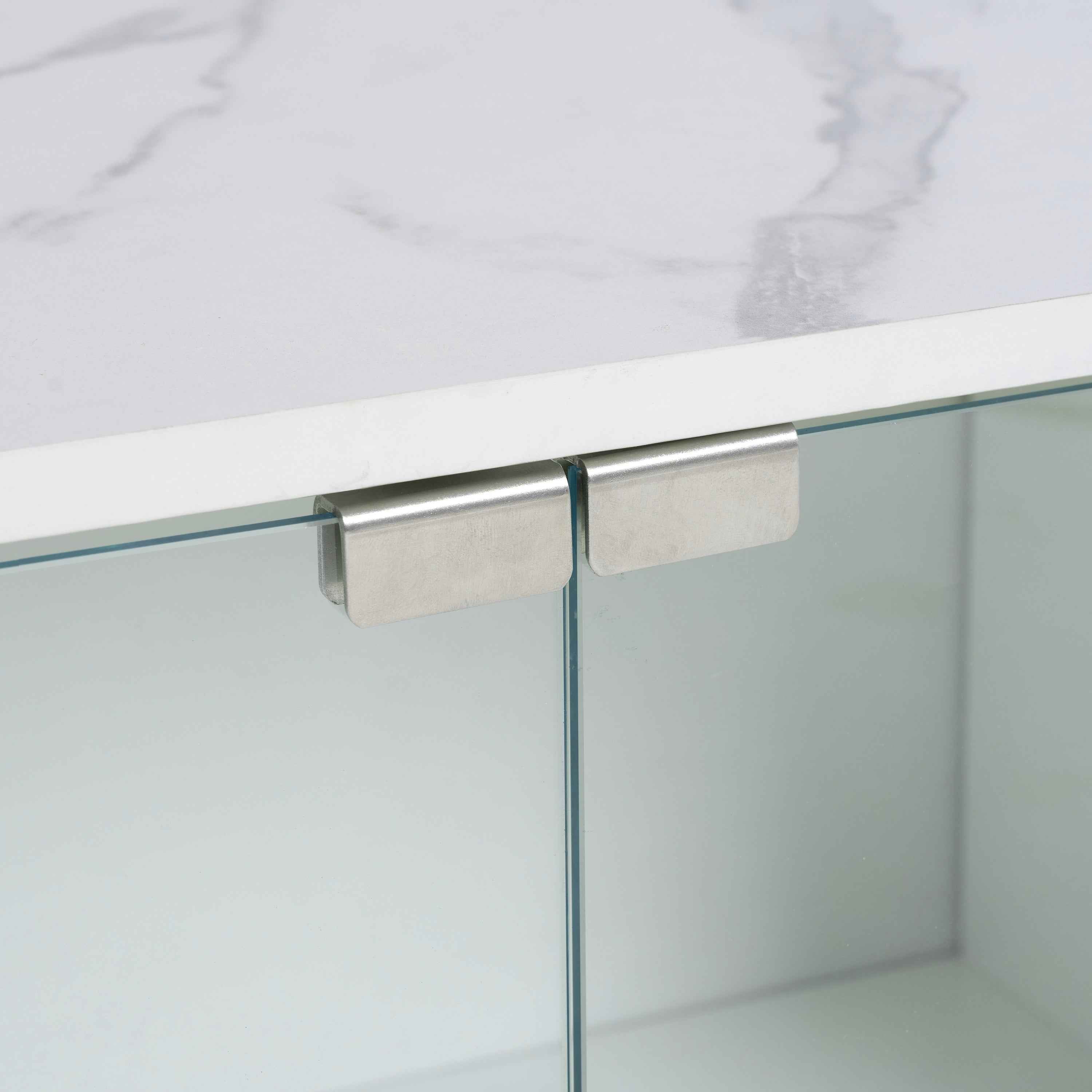 ON-TREND Modern APP Controlled LED TV Stand for TVs Up to 105'', Faux Marble Tabletop Media Console with Tempered Glass Doors, Entertainment Center with 2 Drawers & Cabinets for Living Room, White