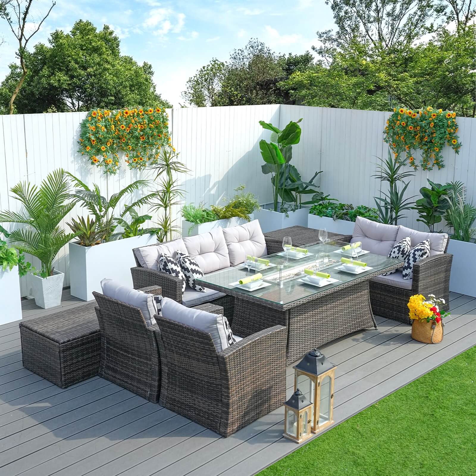 Complete 7-Piece Outdoor Seating Set with Fire Pit and Extra Storage Space(PAS-1503+1106R） - Abrihome