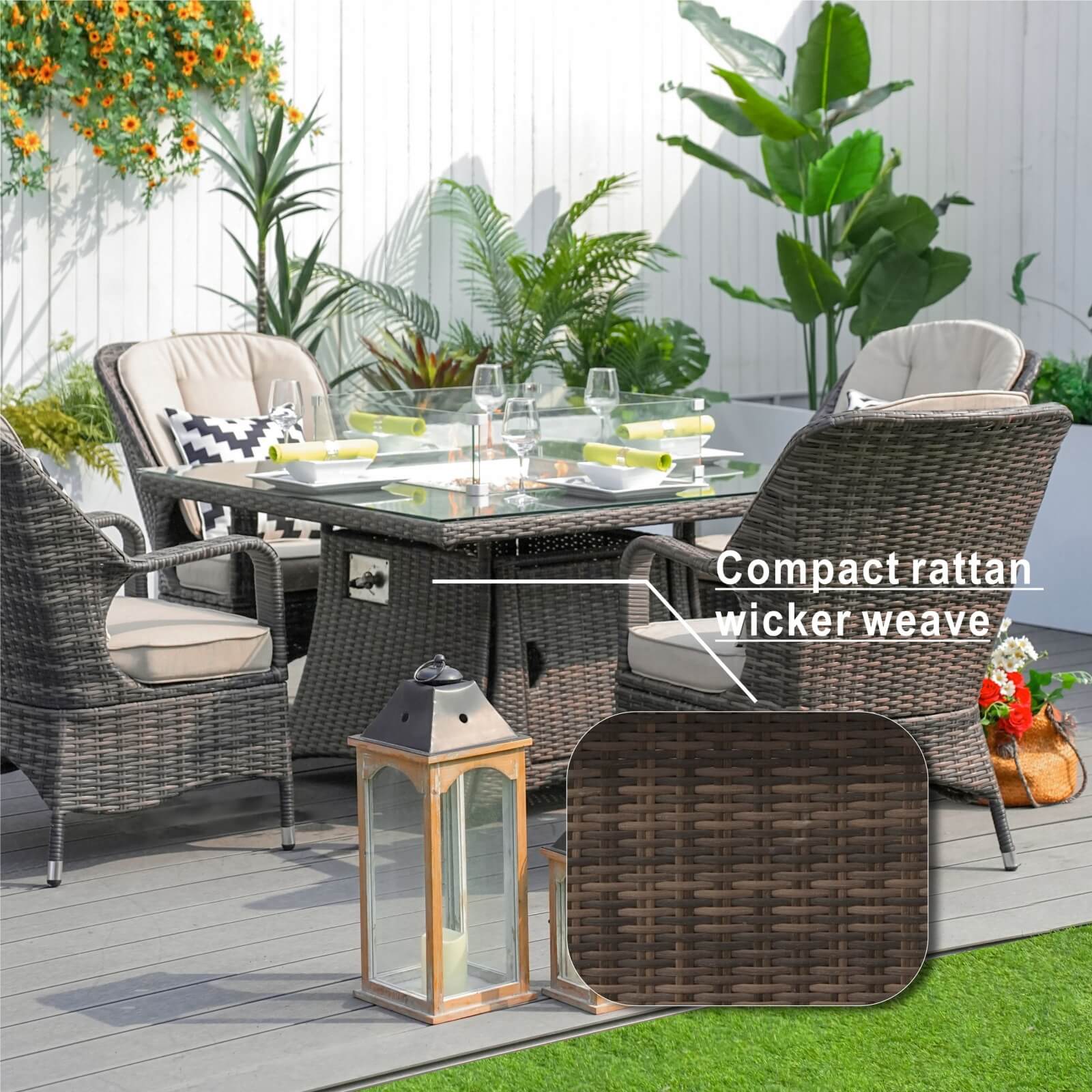 Outdoor Conversation Set with Square Fire Pit Table for 4 Seats(PAG-1104+009-BR) - Abrihome