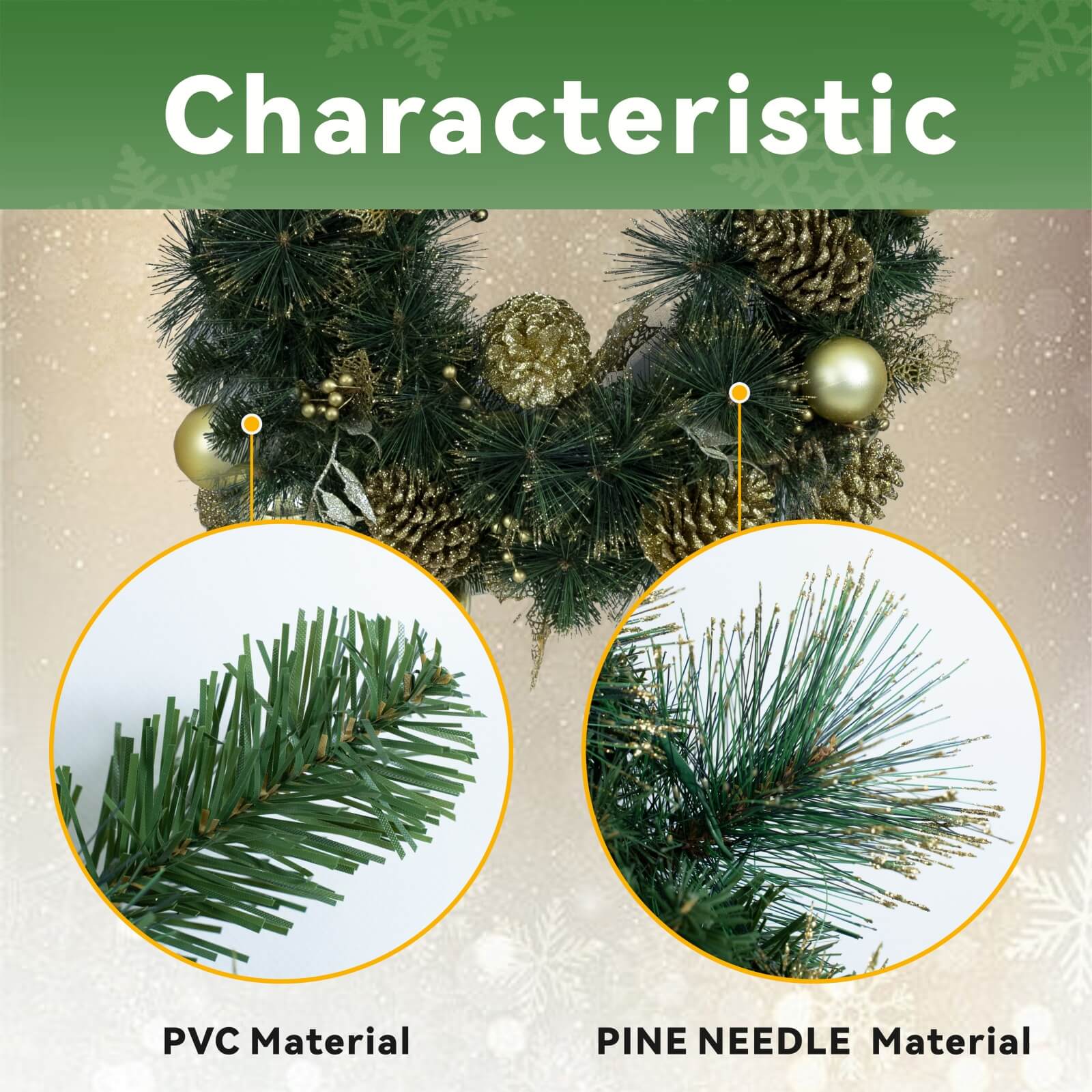 Artificial Christmas Wreath with Gold Accents – Pre-Lit or Unlit Options(PJW-2510) - Abrihome