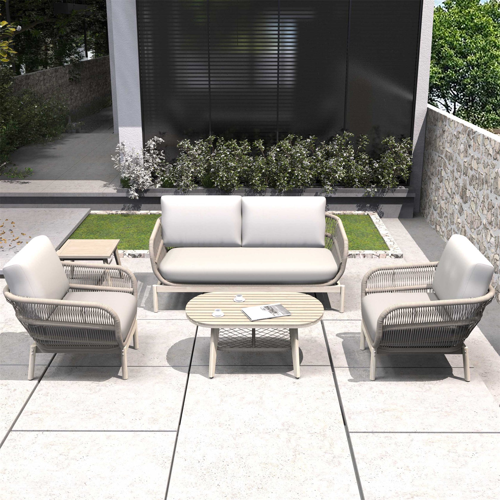 Woven Rope Acacia Wood Outdoor Chair & Bench Set (PAC-2524) - Abrihome