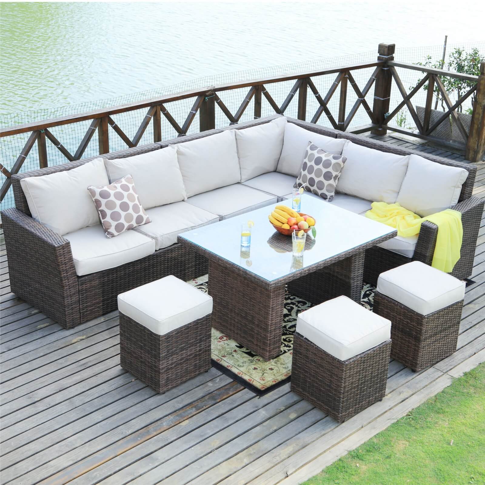 Outdoor Corner Sofa Set with Rectangular Dining Table and Ottoman(PAS-1403-SET) - Abrihome