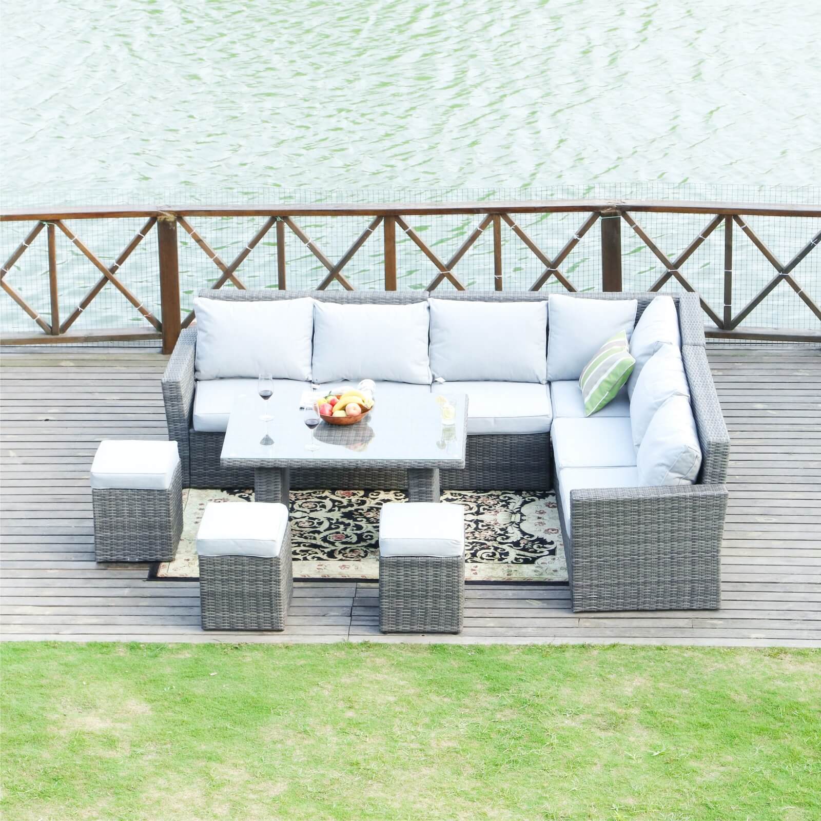 Outdoor Corner Sofa Set with Rectangular Dining Table and Ottoman(PAS-1403-SET) - Abrihome