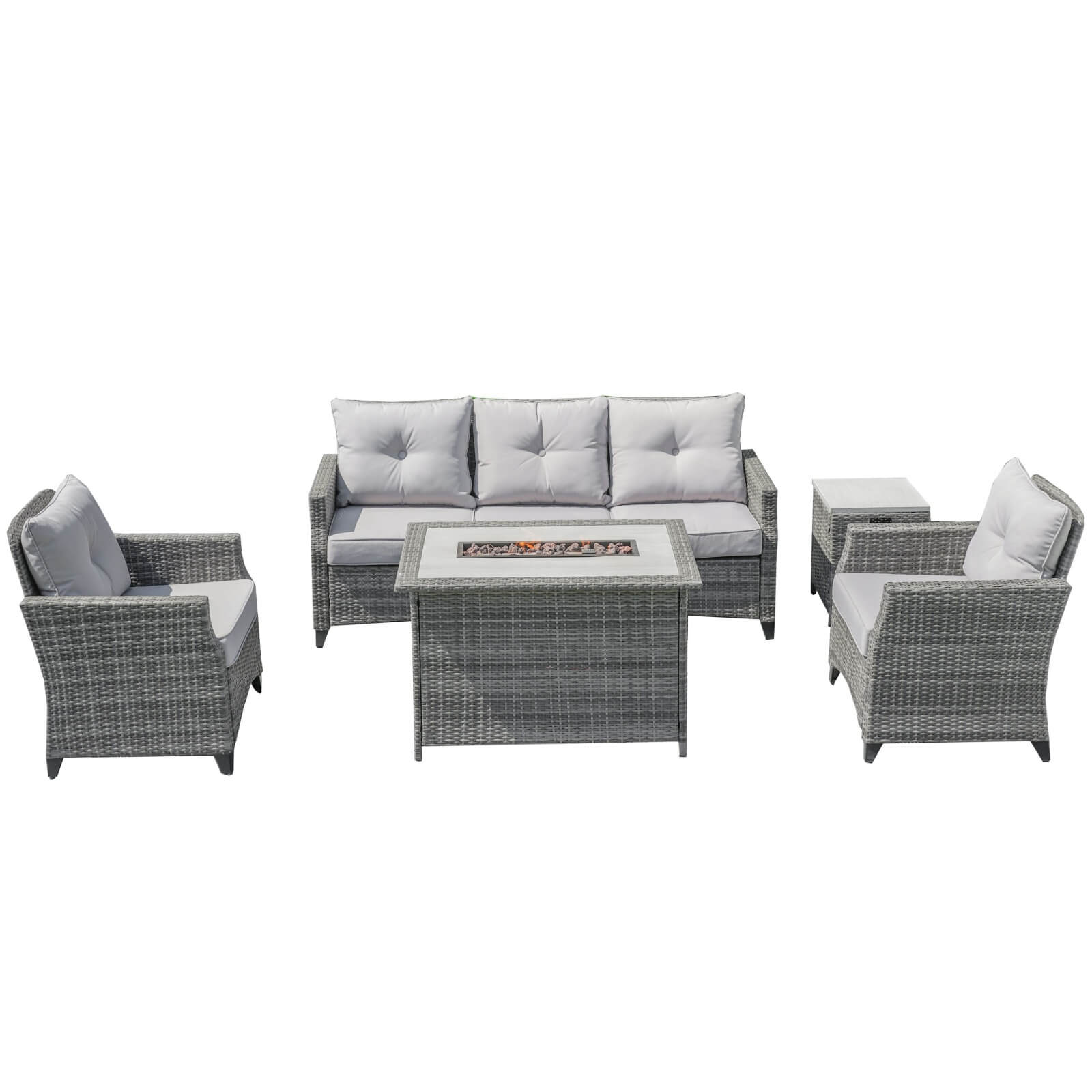 5-Piece Outdoor Fire Pit Patio Set with Gray Sofas and Fire Pit Table(PAF-1802P) - Abrihome