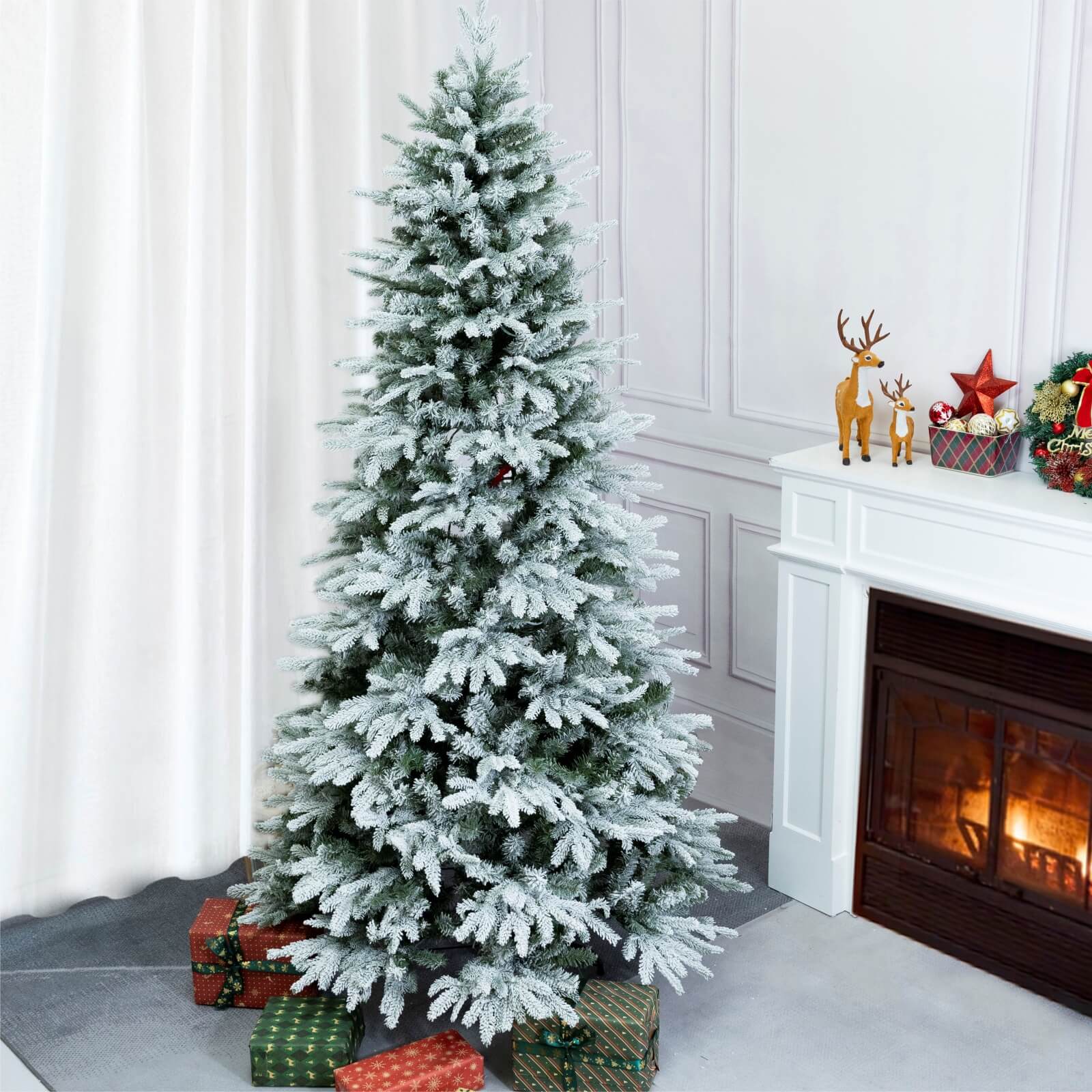 6FT Snow-Flocked Artificial Christmas Tree with Optional Warm White LED Lights(PJT-2507-6FT) - Abrihome