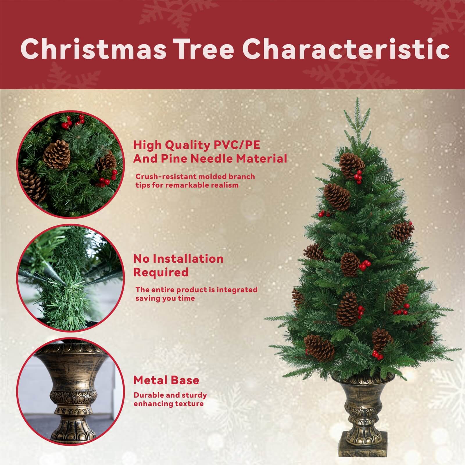 4FT Artificial Christmas Tree with Pinecones & Red Berries(PJT-2509-4FT) - Abrihome