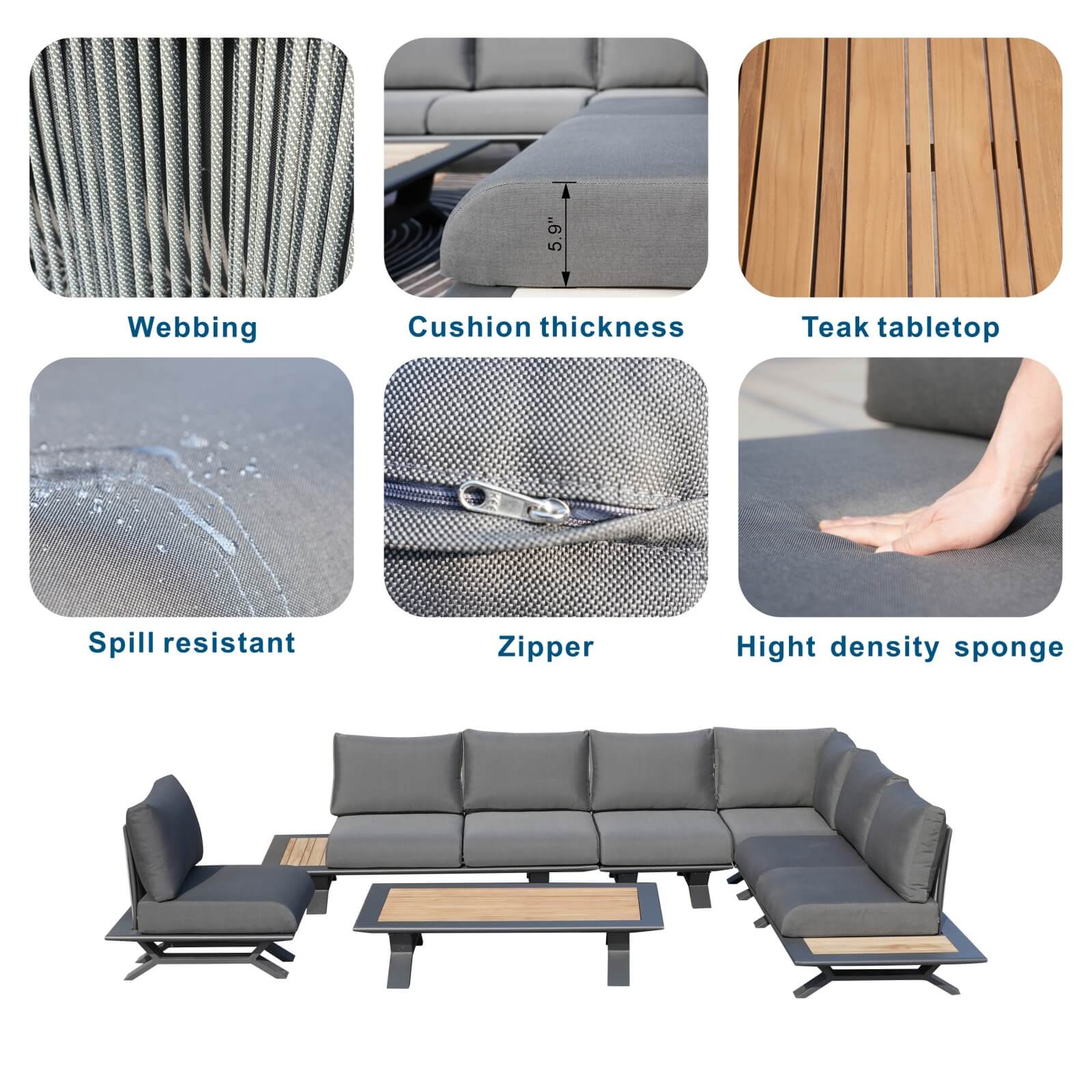 High-grade teak handrails aluminum dew pipe sofa garden set（PAS-2323） - Abrihome