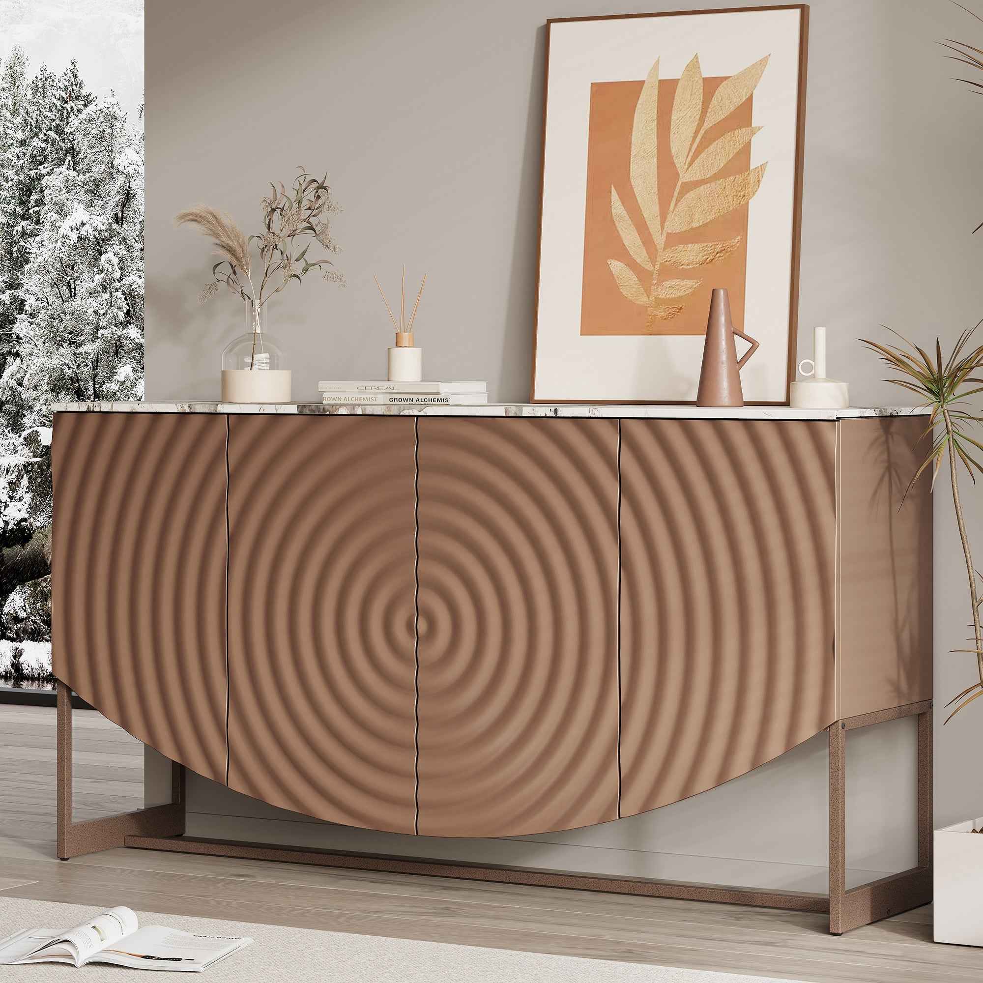 Unique 3 D wave texture sideboard, marble-like sticker counter top, modern luxury style, multi-functional living room and dining room storage sideboard buffet cabinet