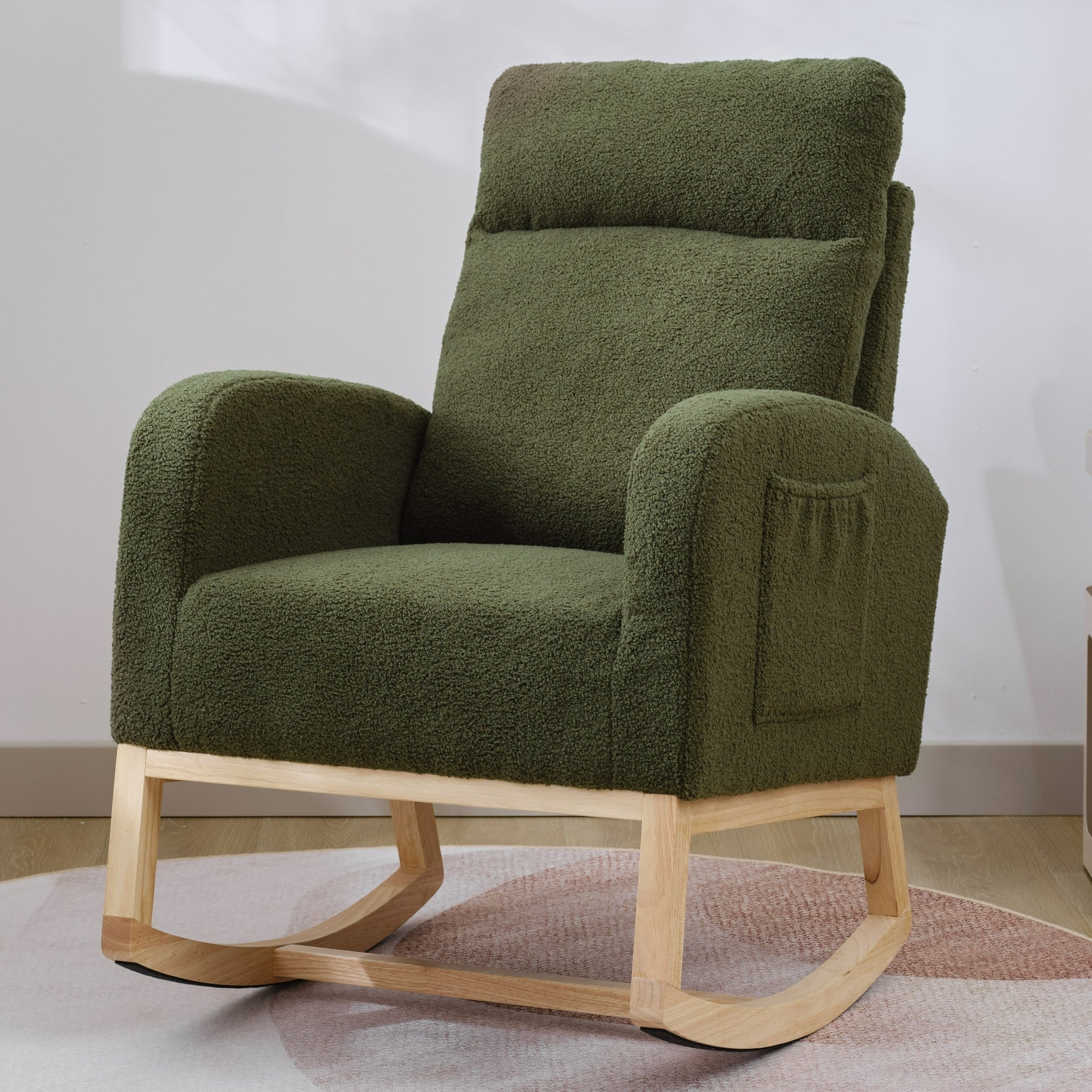 Modern Accent Rocking Chair Rocking Chair with Solid Wood Legs, Upholstered Nursery Glider Rocker, Comfy Armchair with Side Pocket, Living Room Lounge Arm Chair with High Backrest (Dark green,teddy)