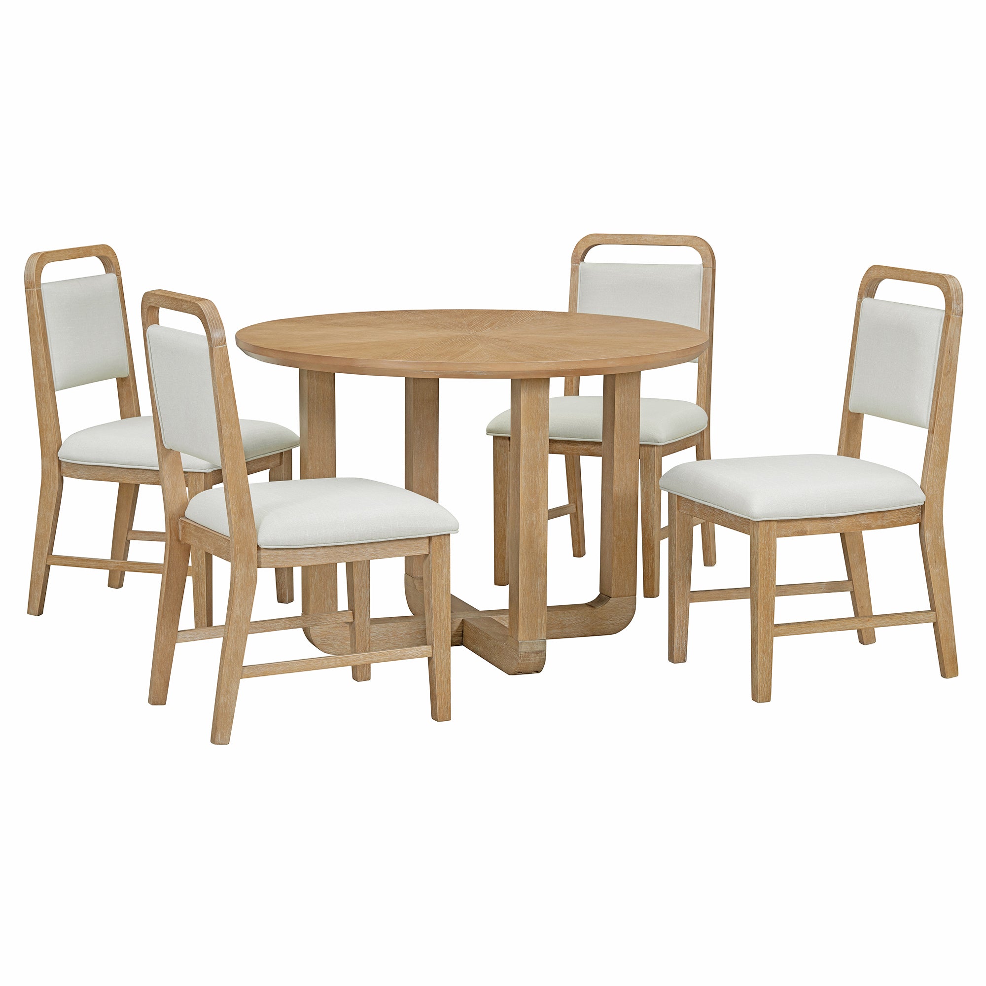 TREXM 5-Piece Retro Dining Set, Round Table Top with Radial Wood Grain Design and 4 Upholstered Chairs for Dining Room and Kitchen (Natural Wood Wash)