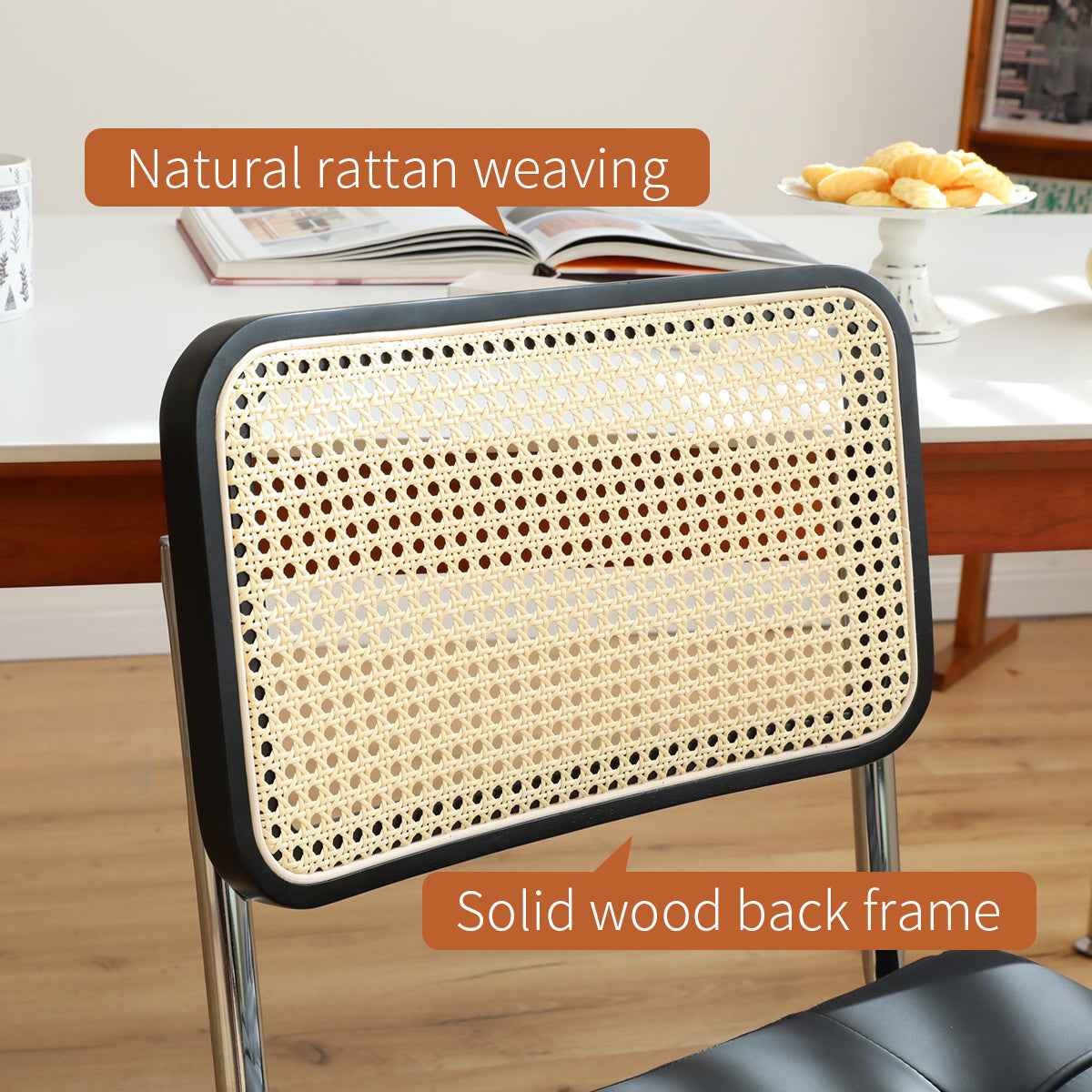 Dining Chairs Set of 2, Fauex Leather Rattan Side Accent Chairs with Chrome Legs, Modern Mid Century Breuer Designed Chairs, Upholstered Dining Living Room Kitchen Chairs (Black-2pcs)